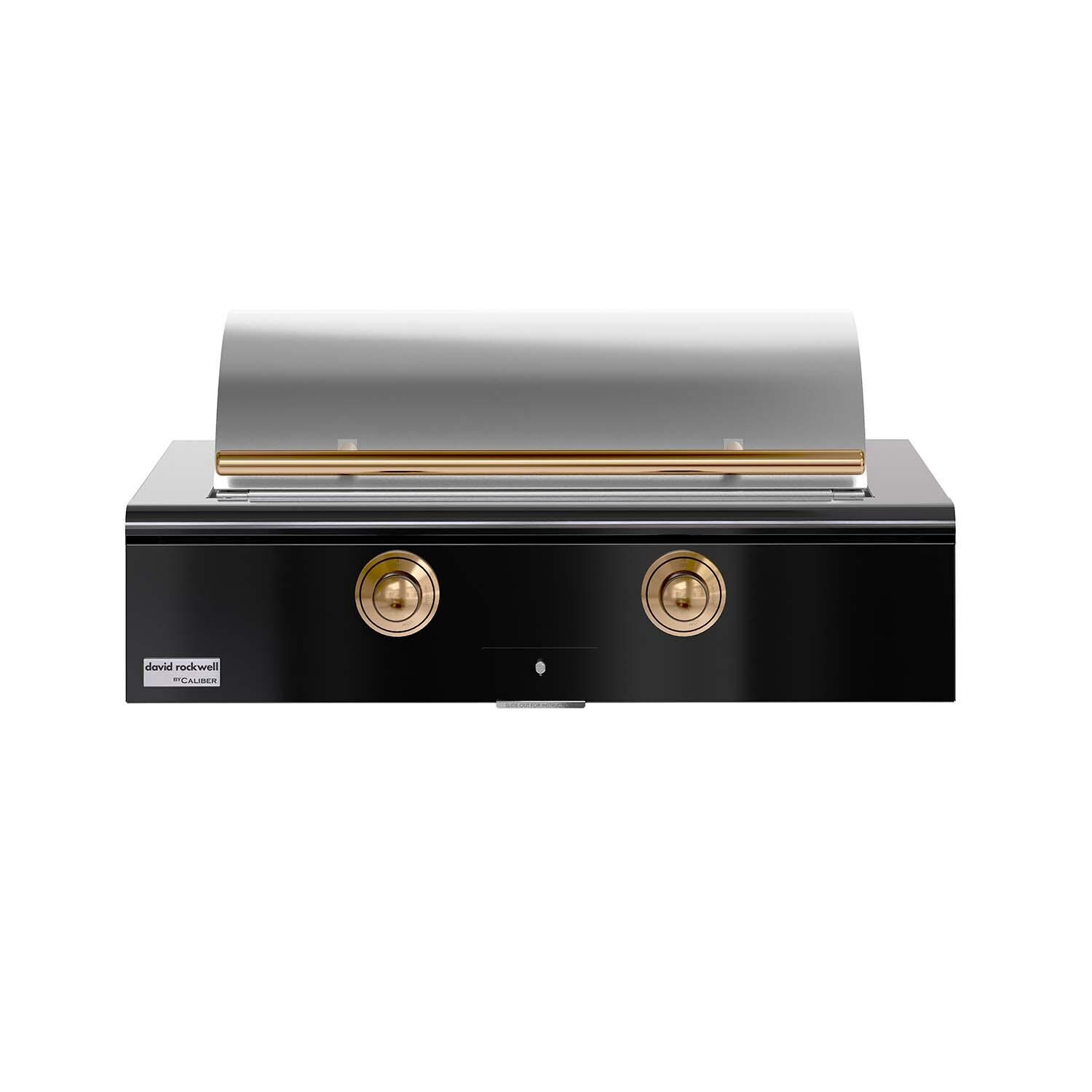 Caliber CRG-42BN00-A-044-H08 42-in Natural Gas Built-In Rockwell Grill - Gloss Black w/ Gold Hardware - Closed Lid - White Background thumbnail