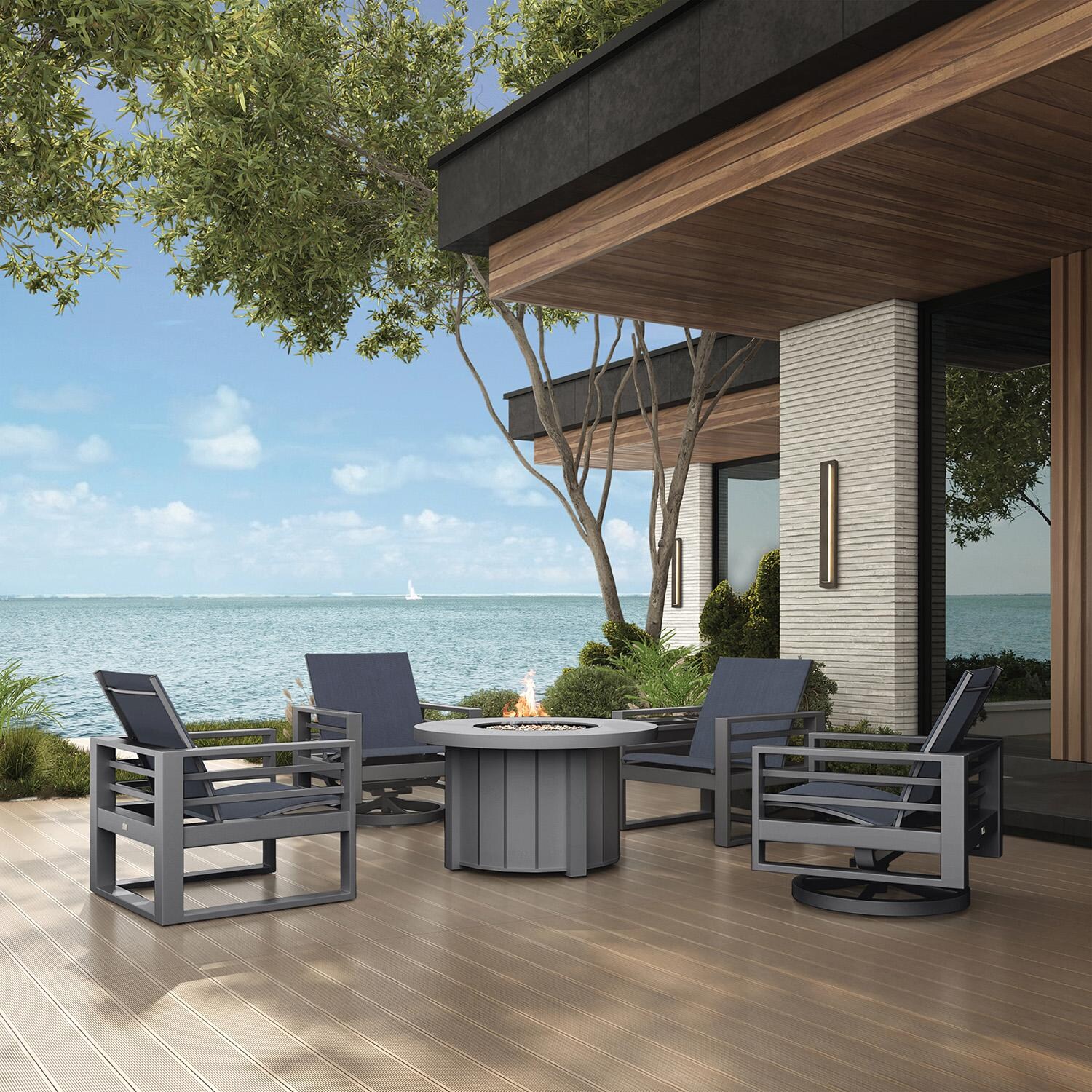 Palermo 5 Pc Aluminum Seating Set W/ Fire Pit in Graphite W/ Harbor Indigo Sling By Ebel thumbnail