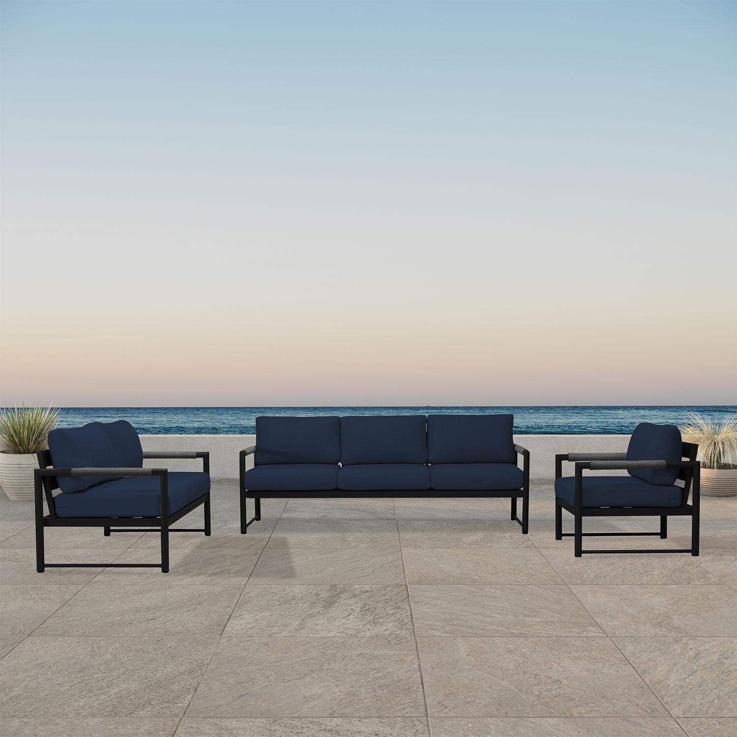 Lakeview AVEBAY-BK-CO-SET143-IN Avenue Bay Black/Carbon 3 Pc Sofa Loveseat Set - Spectrum Indigo - On Patio - Lifestyle thumbnail