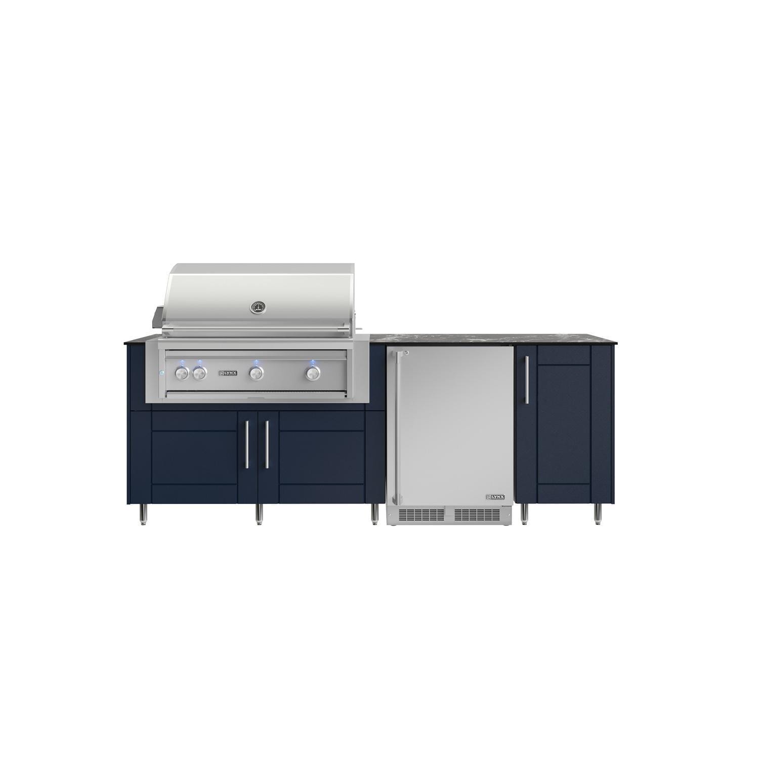 WeatherStrong Bimini 7 1/2 Ft Outdoor Kitchen Island w/ Lynx Natural Gas Grill & Refrigerator in Sapphire Blue/Midnight Ice