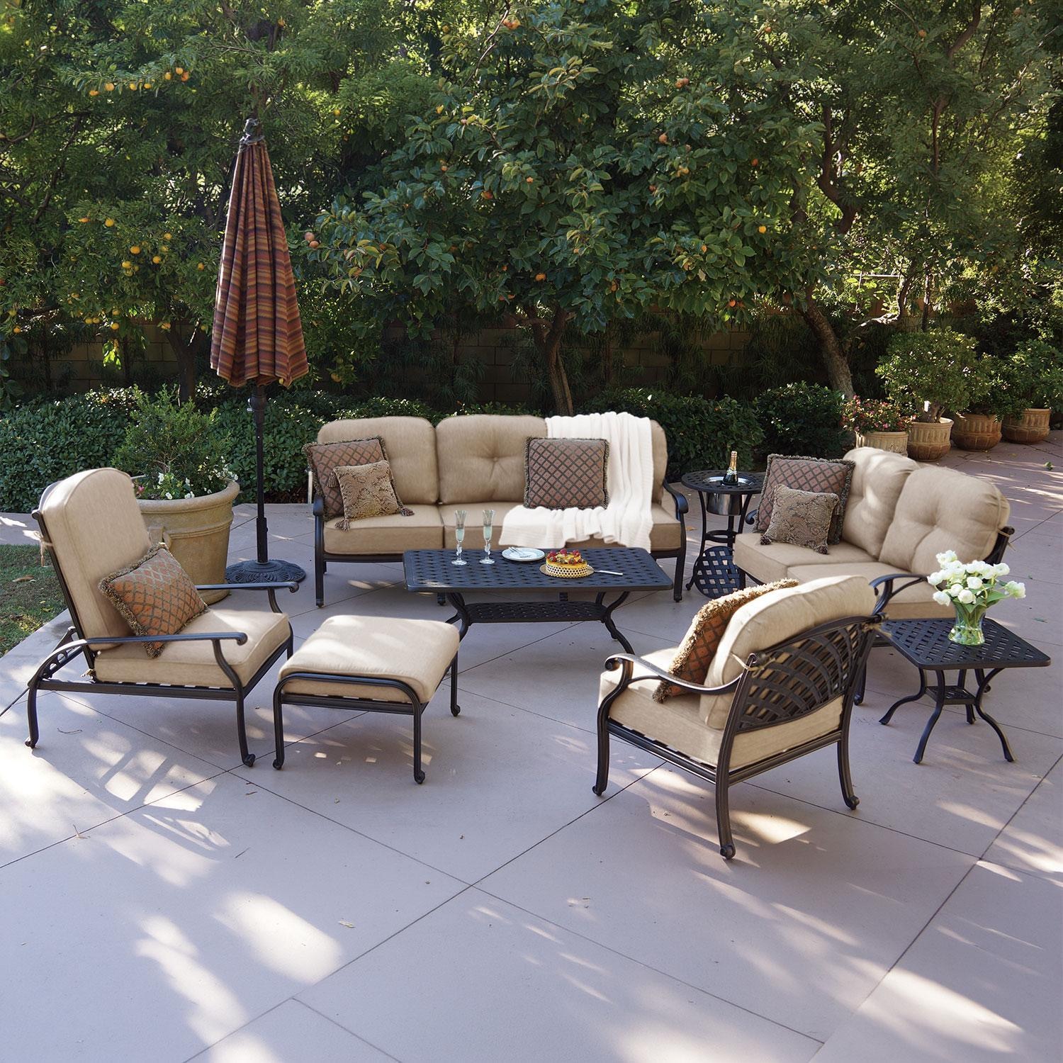 Darlee Nassau 8 Pc Cast Aluminum Seating Set w/ 42 X 21 Inch Series 30 Table w/ Ice Bucket Insert & Reclining Chair in Antique Bronze/Beige Canvas by