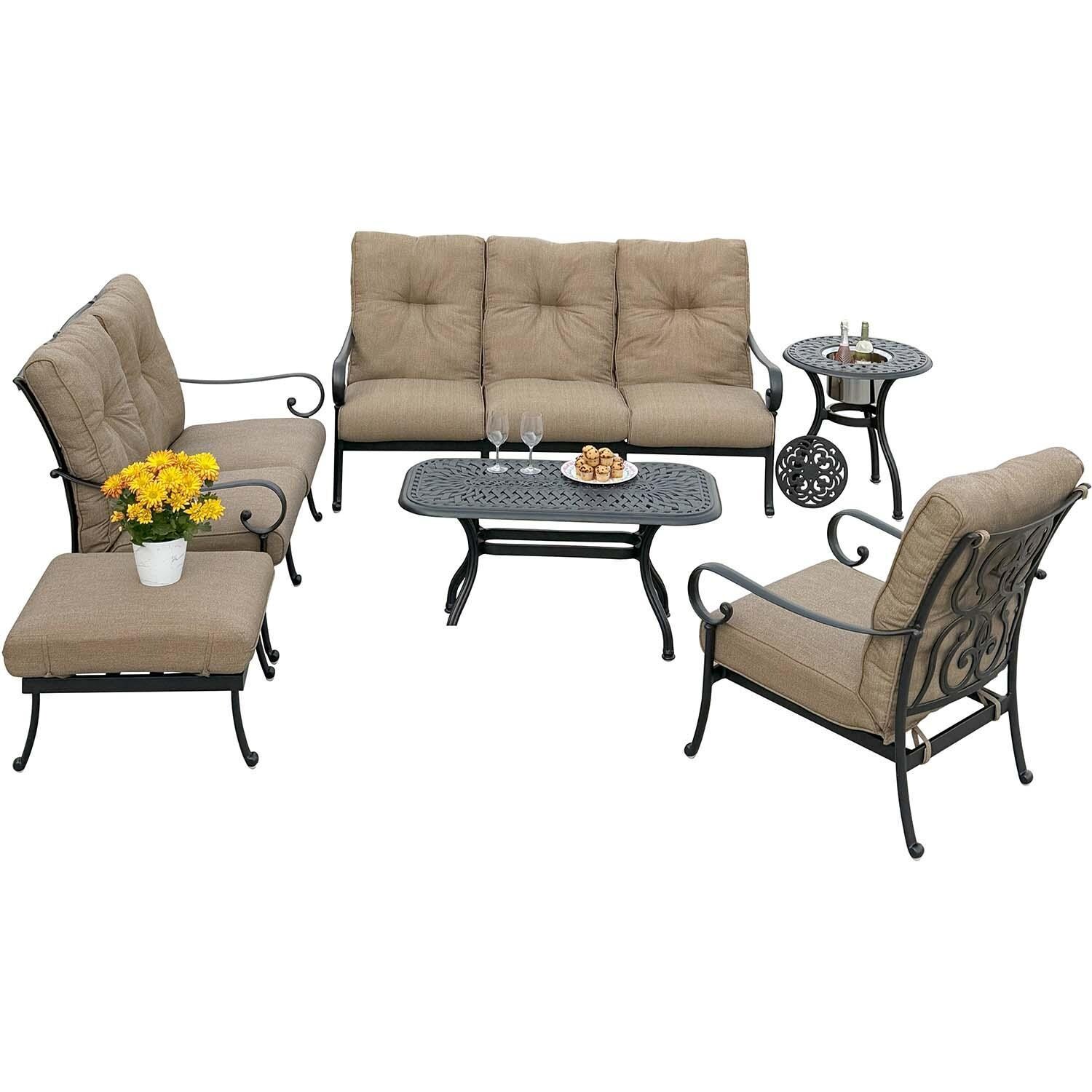 Santa Anita 6 Pc Cast Aluminum Seating Set w/ Rectangular Table in Antique Bronze/Sesame by Darlee - White Background thumbnail