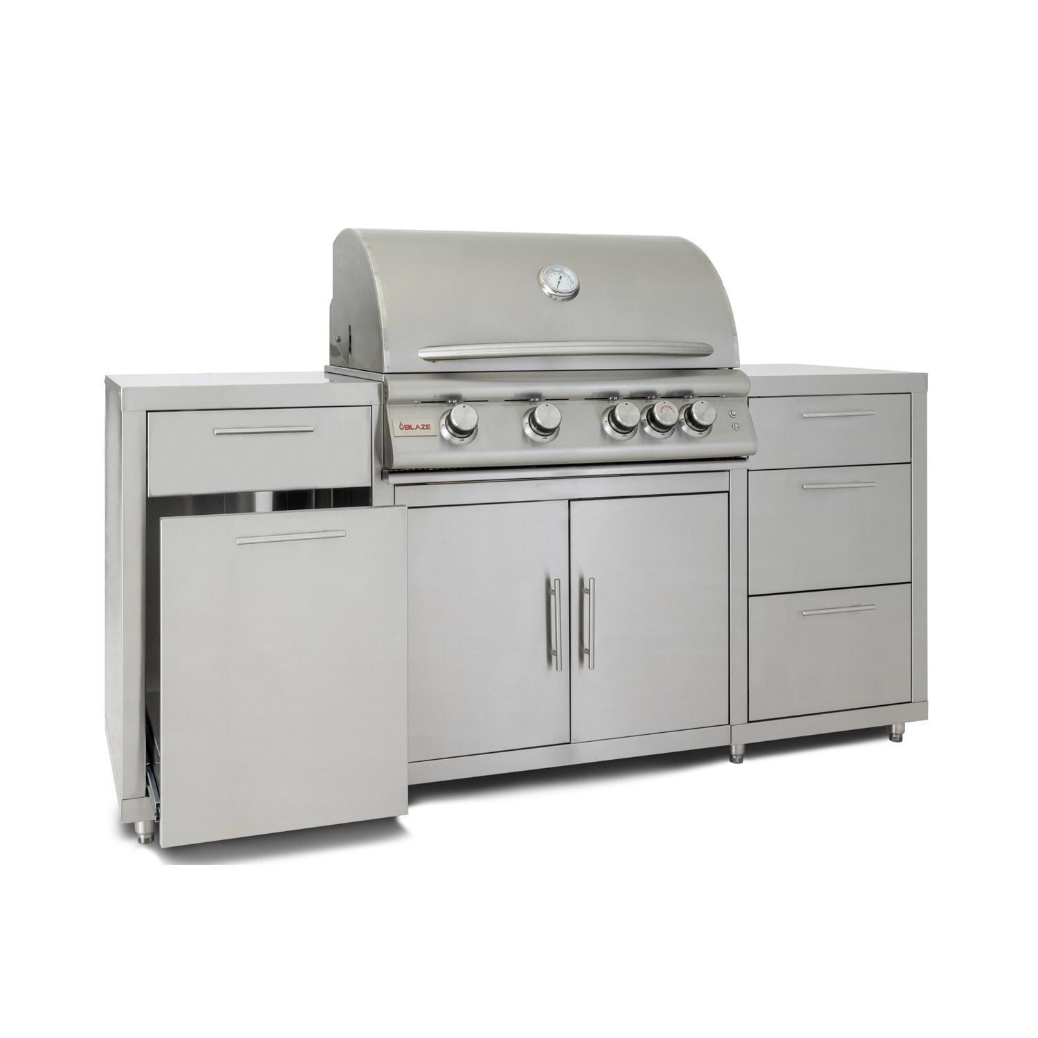 Blaze 32-in Natural Gas Grill Center - Angled Trash Bin Open - White Background thumbnail
