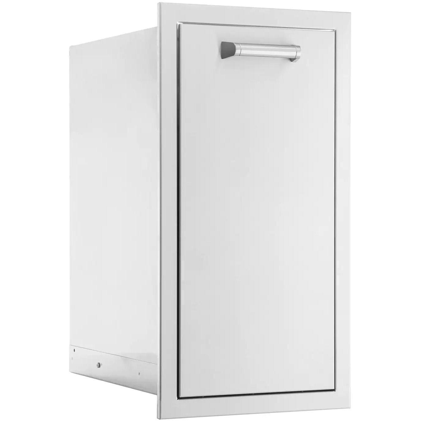 BBQGuys Signature 13-in Contempo/Traditional Stainless Steel Narrow Roll-Out Trash Bin - Angled View - White Background