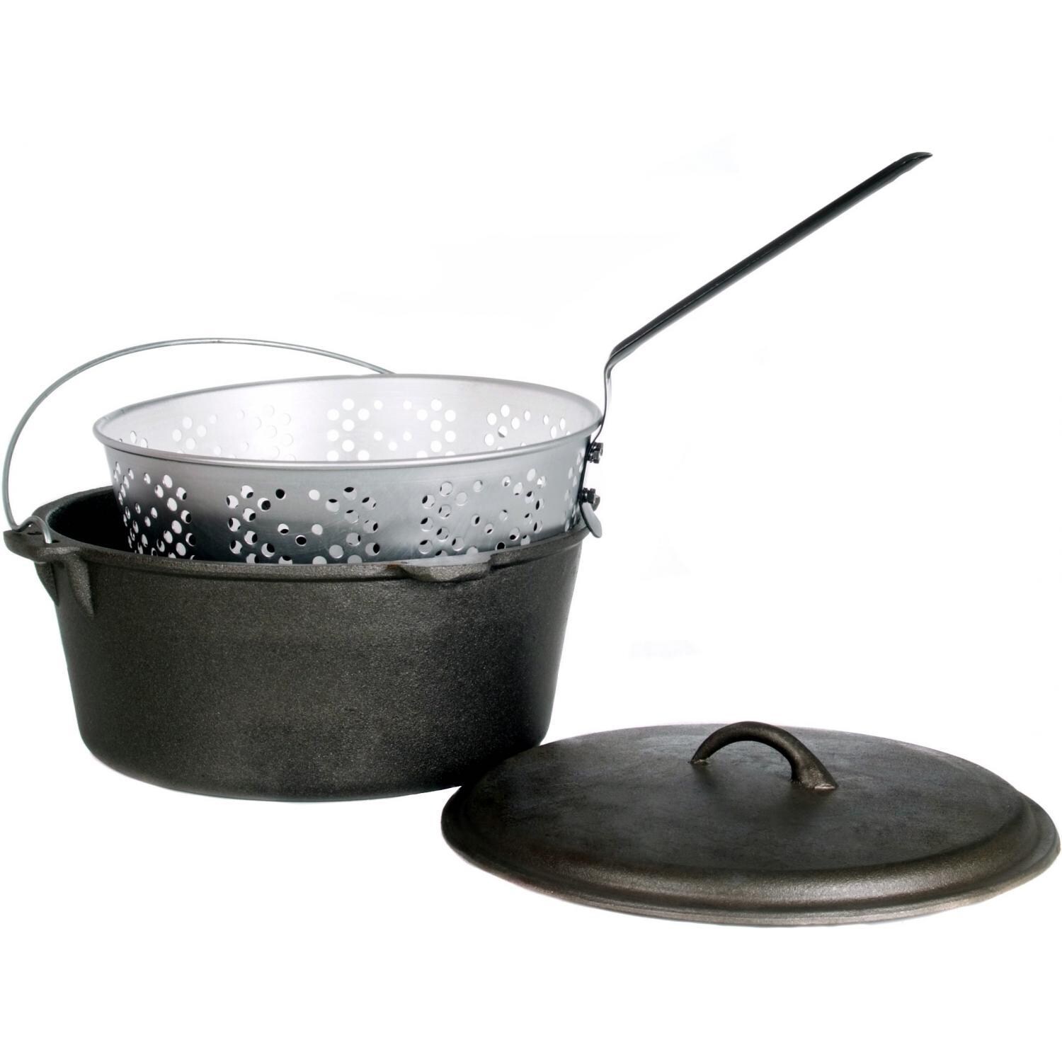 Cajun Cookware 9-Quart Seasoned Cast Iron Dutch Oven With Fry Basket - Side View thumbnail