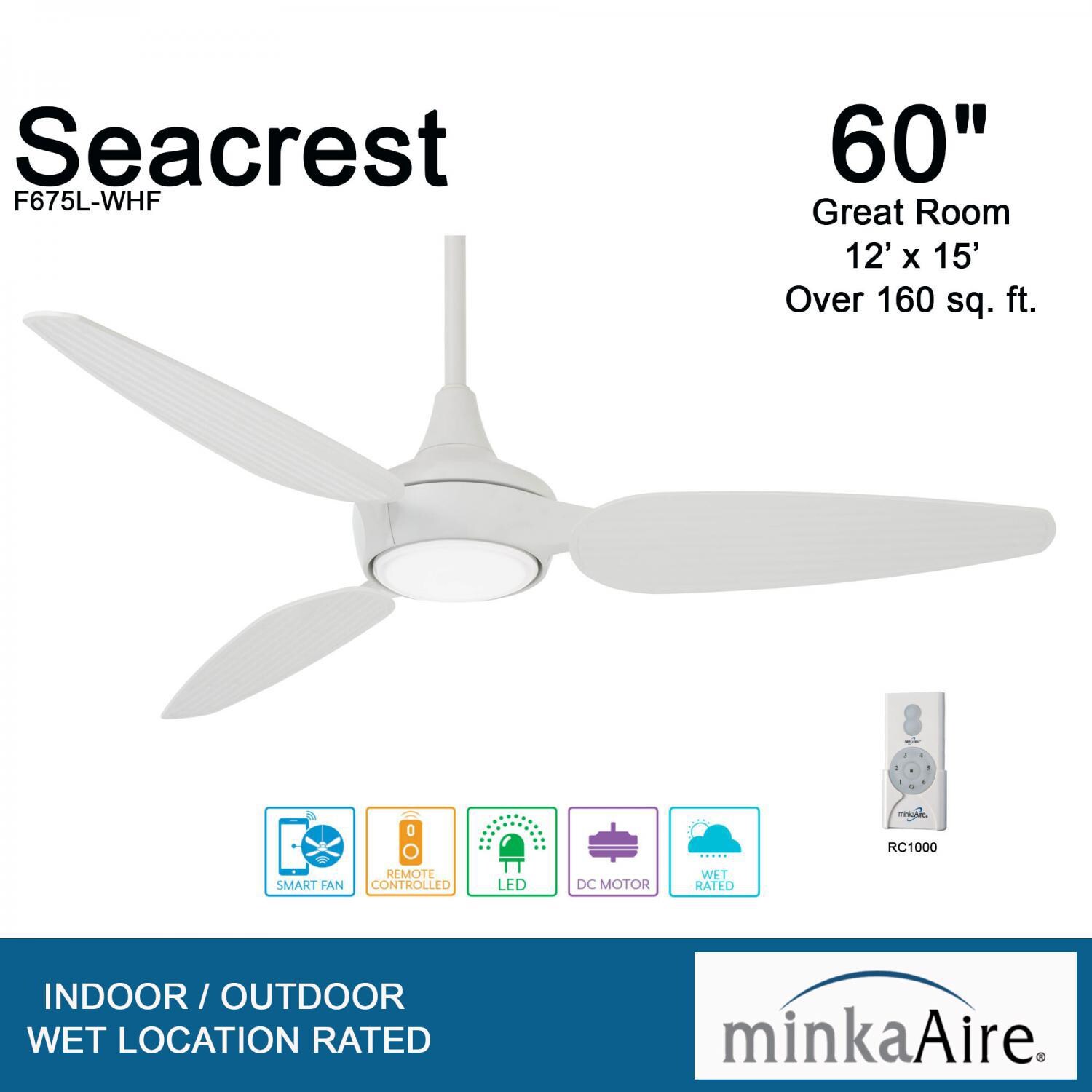 Minka-Aire F675L-WHF Seacrest 60-Inch 3-Blade LED Ceiling Fan in Flat White Finish w/ Flat White Blades & Etched Glass - Overview thumbnail