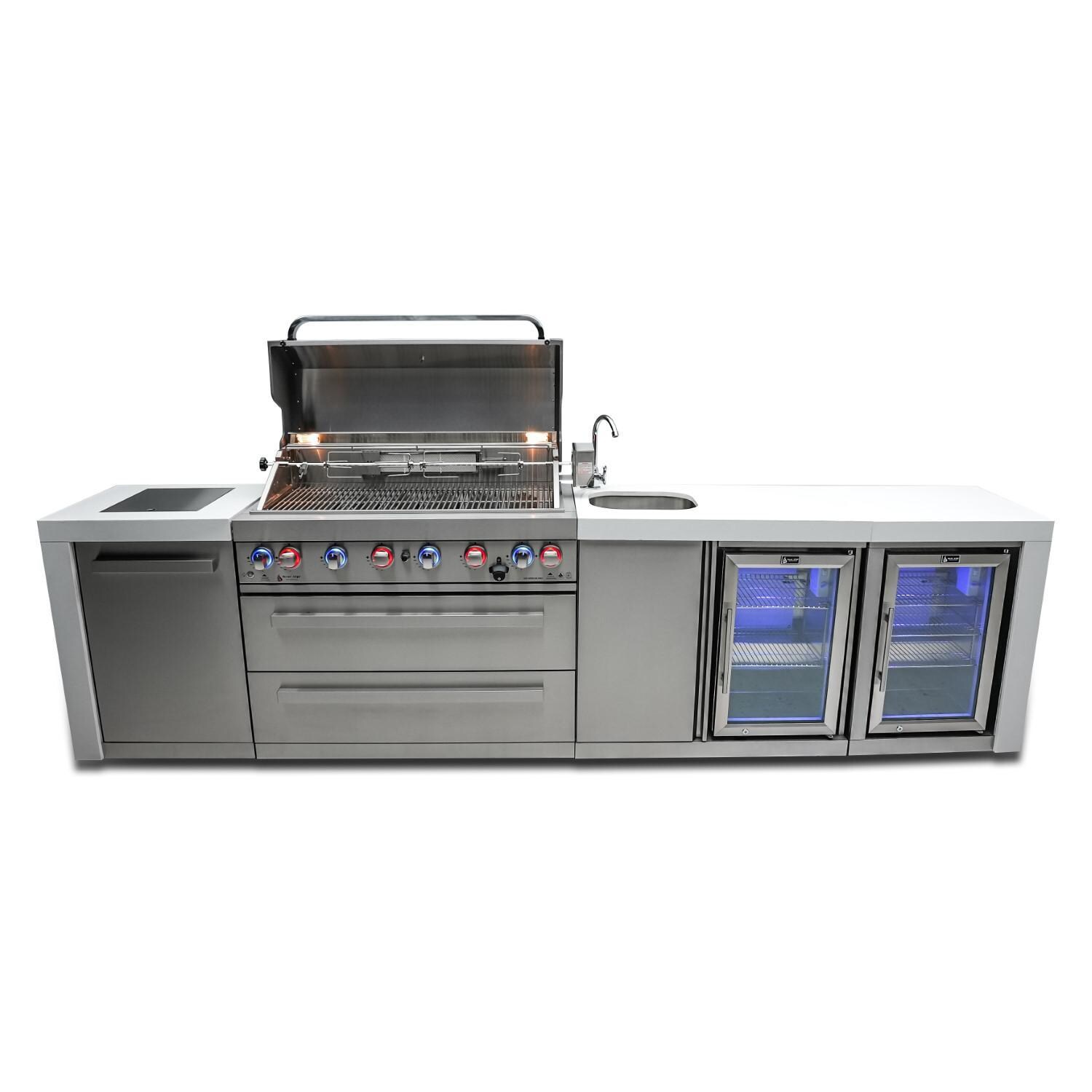 Mont Alpi - MAi805-DBEVFC - Mont Alpi 805 Deluxe Propane Gas Island Grill W/ Beverage Center, Refrigerator Cabinet, Infrared Side Burner, & Rotisserie Kit - Open Burners On - White Background thumbnail