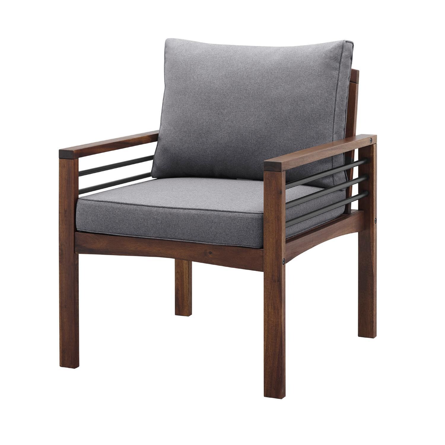 Ultimate Patio Land Bay 2 Piece Acacia & Steel Patio Club Chair Set W/ Gray Cushions - Gray/Dark Brown - Right Side Angled View thumbnail