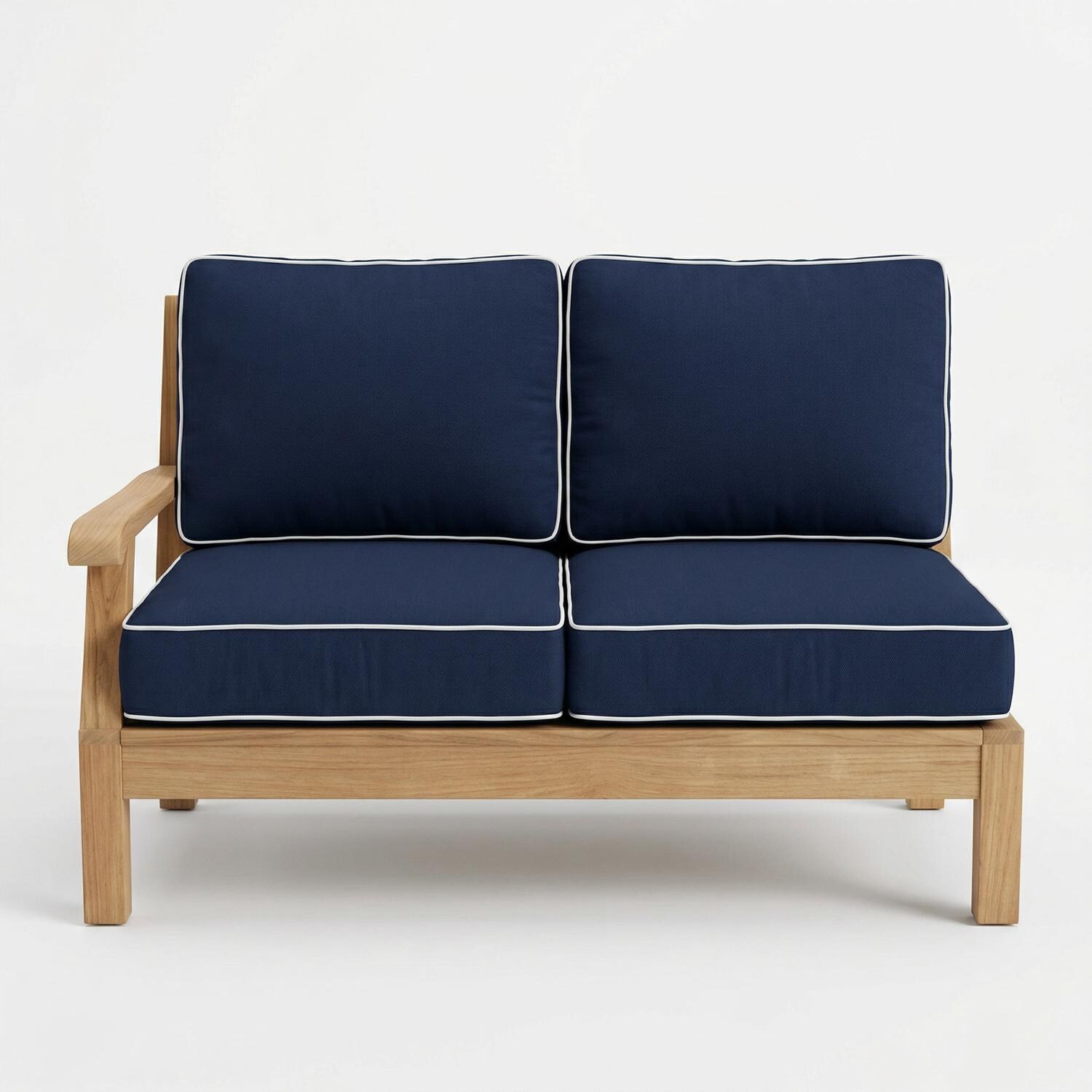 Royal Teak Collection MIA2LAFN Miami Teak Left Arm Loveseat w/ Sunbrella Cushions in Canvas Navy - Left Arm Loveseat - White Background thumbnail
