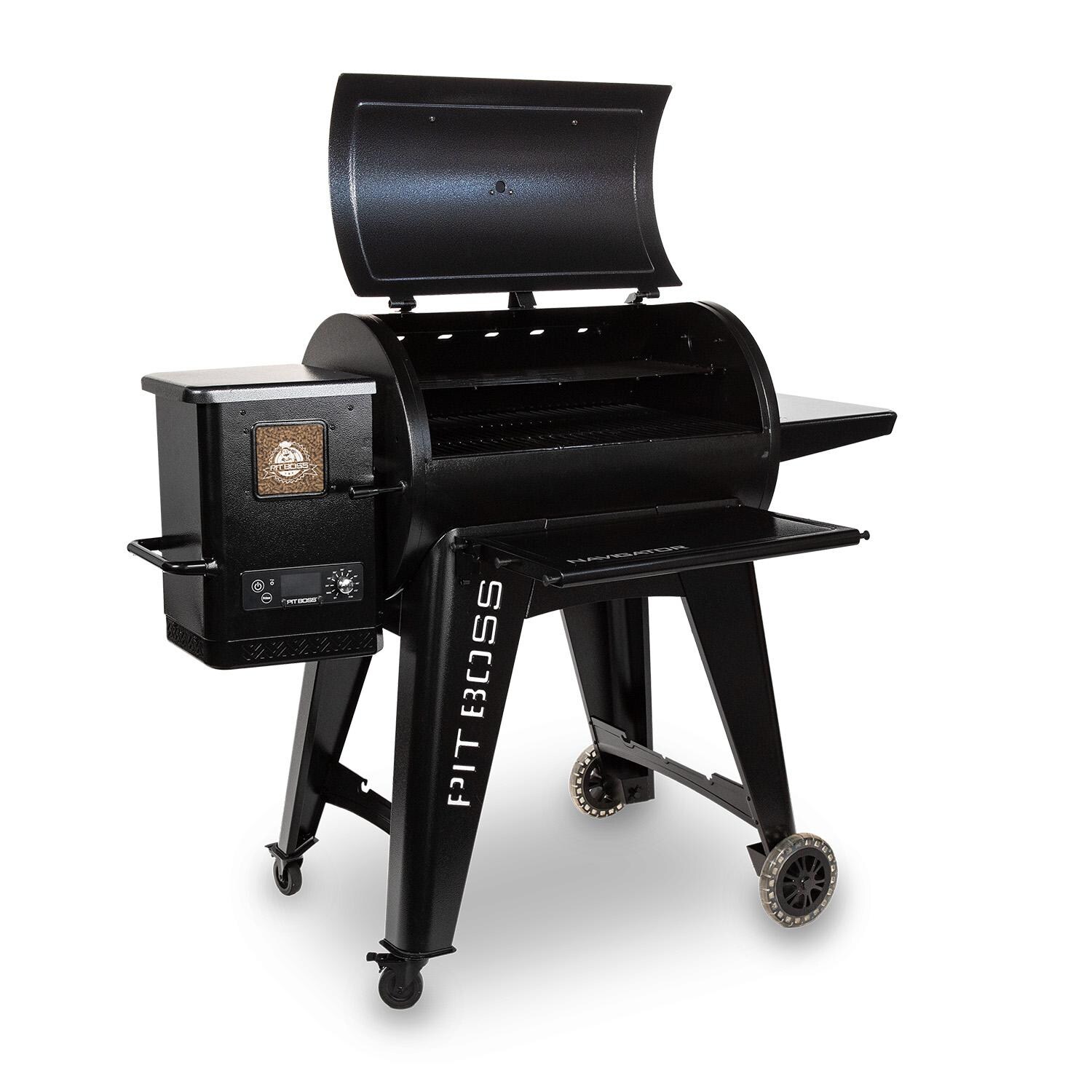 Pit Boss PBPEL085010527 Navigator 850 Wood Pellet Grill W/ Cover & Folding Front Shelf - Left Side View Open thumbnail