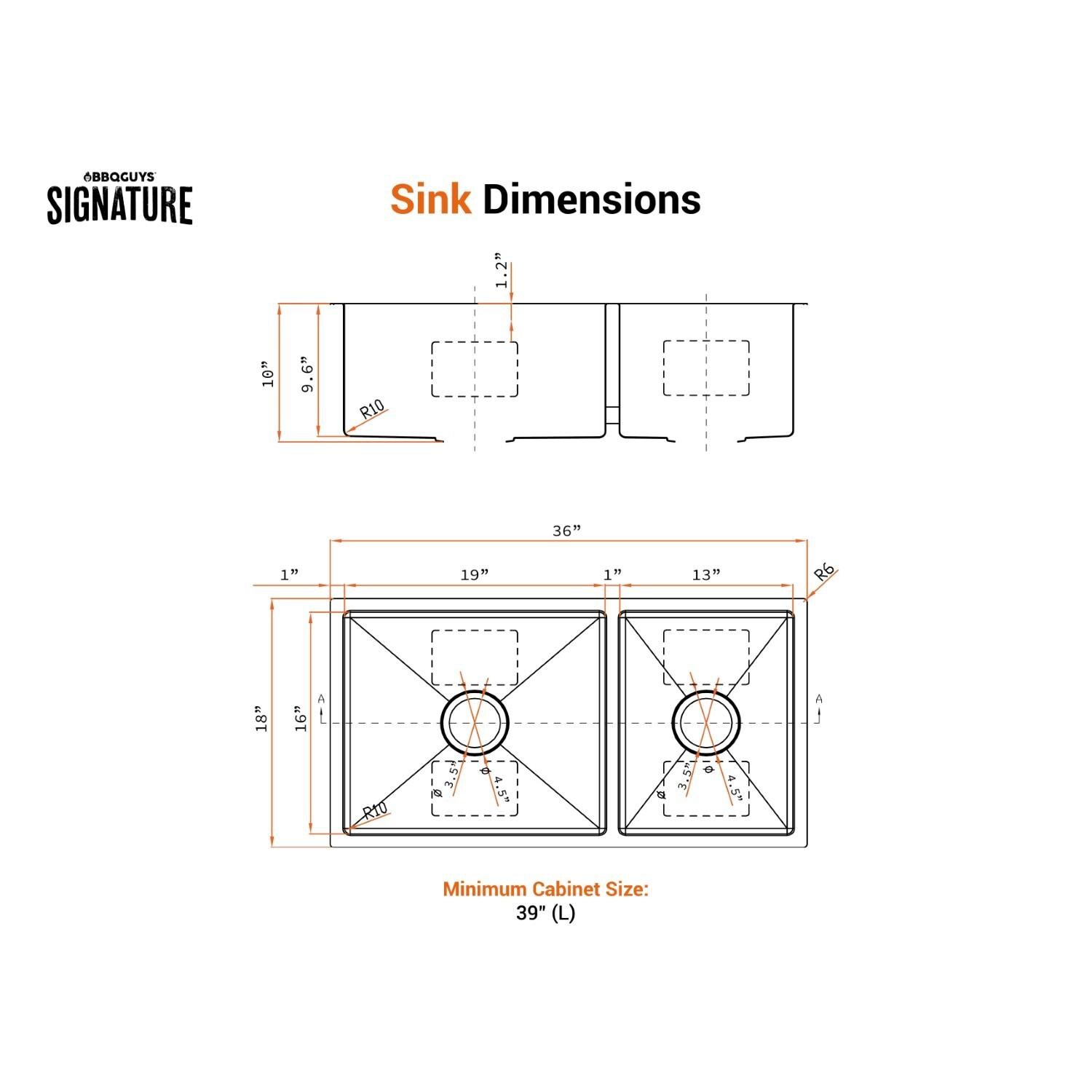 BBQGuys Signature Undermount Stainless Steel 36-Inch 60/40 Double Bowl Sink W/Grids and Strainer - Dimensional thumbnail