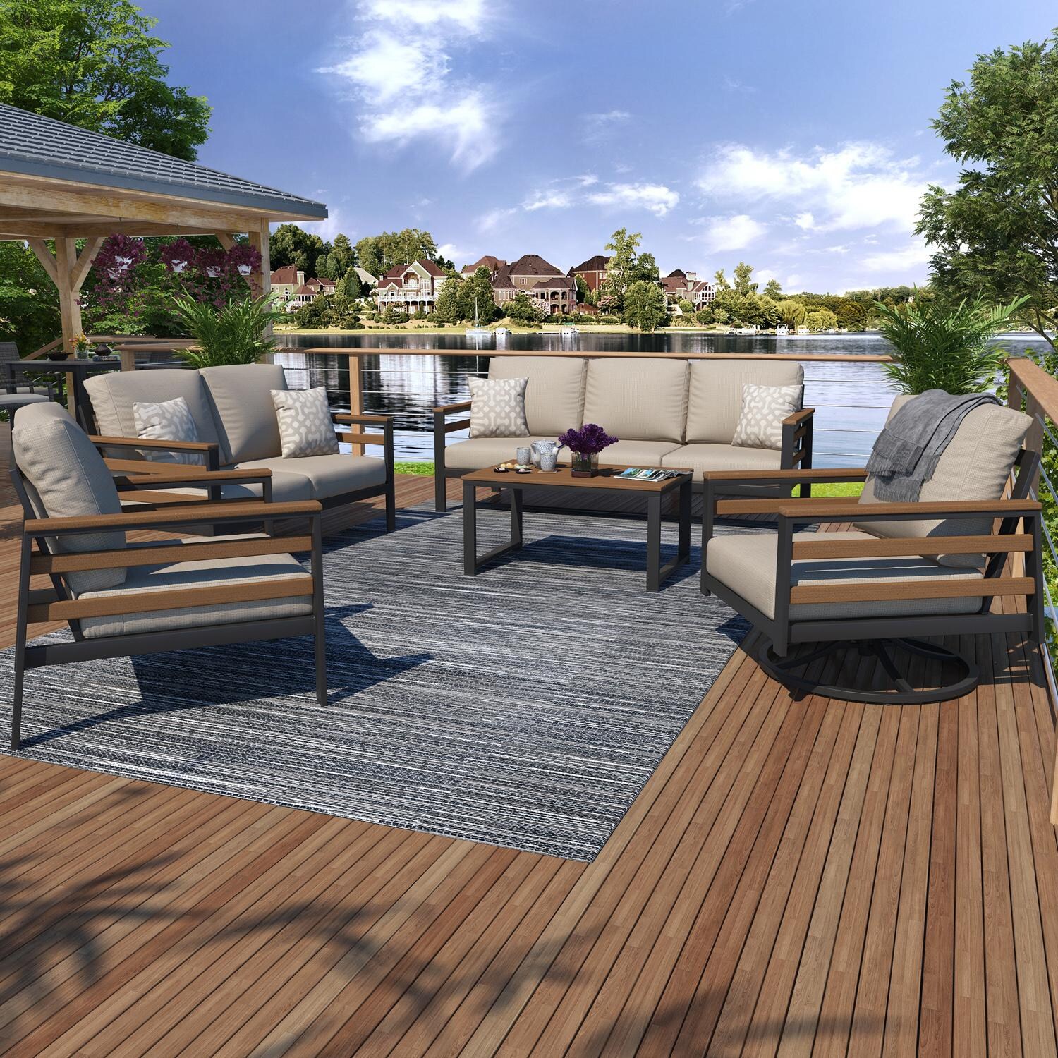 Lakeview NC6400TANGSLAT-9PC-SM Oasis Bay 9 Pc Aluminum Seating Set w/ Slat Side Panels in Brown/Spectrum Mushroom - Set - Lifestyle thumbnail