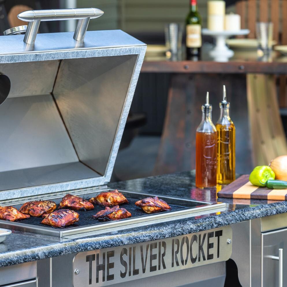 Rocket Outdoors MDSRF  Medium Silver Rocket Kamado Grill - MDSRF - Lid Open Chicken - Lifestyle thumbnail