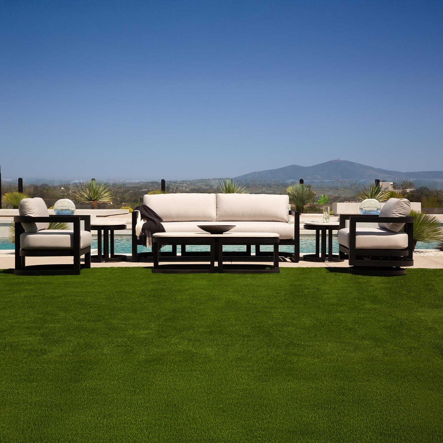 Malibu 3 Person Aluminum Sofa in Black/Soothe Pearl by Sunset West - By the Pool Front (Shown as Set) - Lifestyle thumbnail