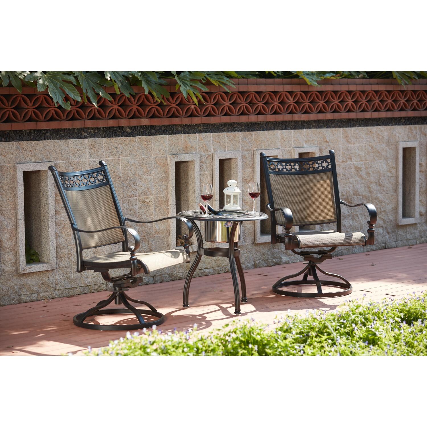 Darlee 201610-3PC-60RQ Mountain View 3 Piece Cast Aluminum Sling Patio Bistro Set W/ Ice Bucket Insert - Lifestyle thumbnail