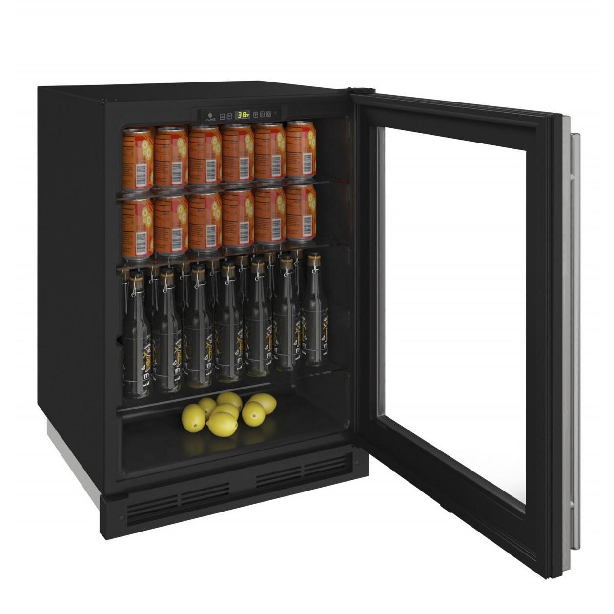 U-Line 1000 Series 24-Inch 5.4 Cu. Ft. Built-In Compact Refrigerator With Glass Door - Stainless Steel - Open View With Beverages thumbnail