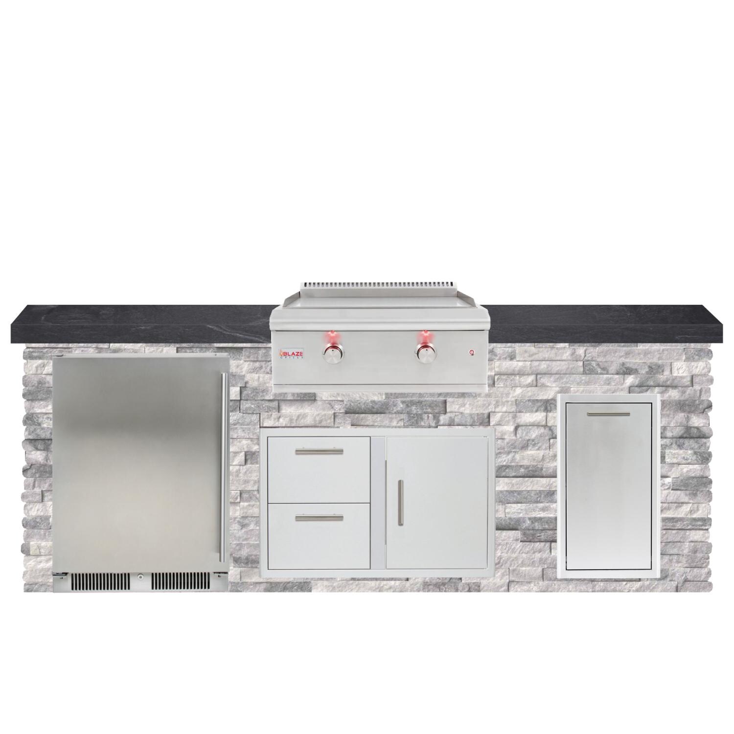 BBQGuys Signature 8ft Luxury Outdoor Island W/ Blaze Premium LTE 30-Inch Natural Gas Griddle & Outdoor Rated Refrigerator - Alaska Gray Stone W/ Black Polished Granite thumbnail