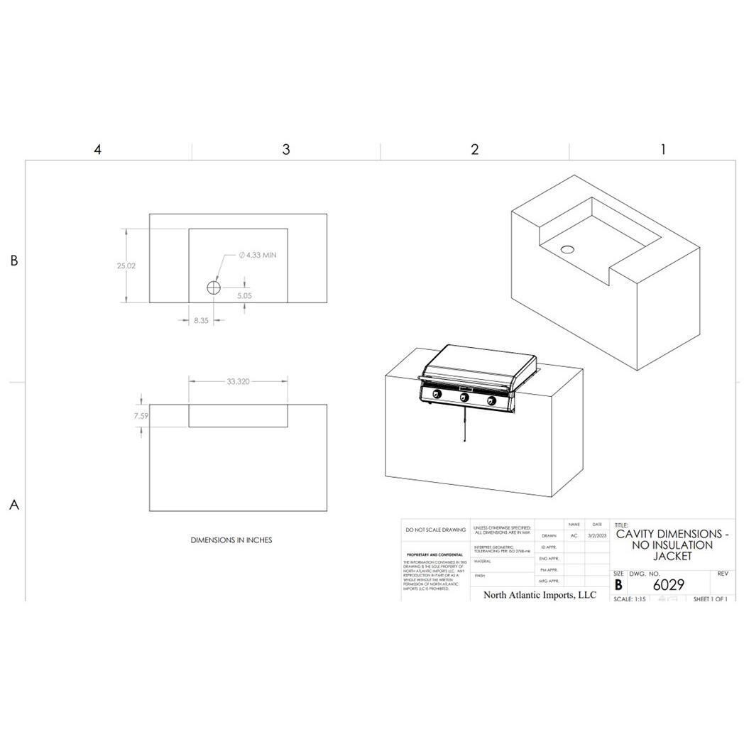 Blackstone 6128 28 Inch XL Built-In Propane Griddle W/Hood - Cut Out - Dimensional thumbnail