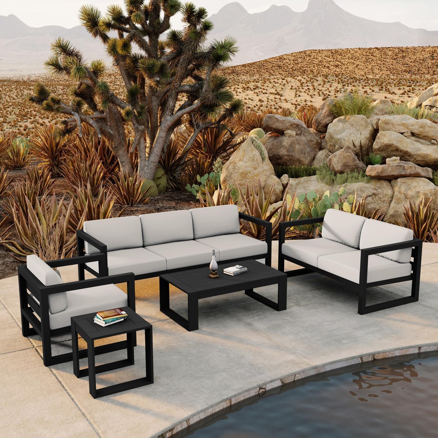 Lakeview MSTYCV-BK-5SS-CN Misty Cove 5 Pc Aluminum Seating Set in Black w/Portal Coffee Table & Canvas Natural Cushions by Lakeview Outdoor Designs - Set By The Pool - Lifestyle thumbnail