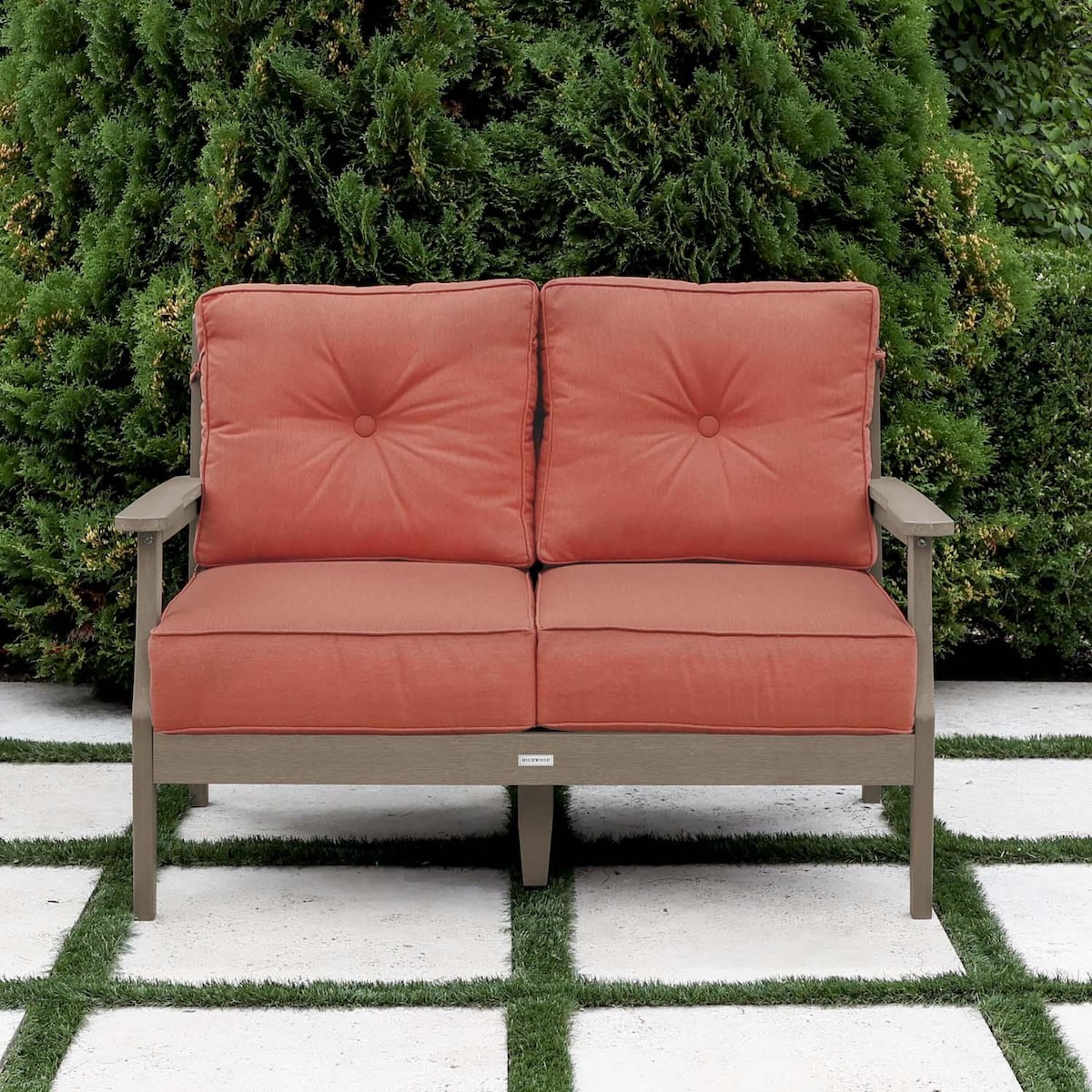 Lakeview Outdoor Designs Blushing Bay 2 Person Recycled Plastic Loveseat in Canvas Persimmon/Woodland Brown by - LV-KIT44426-CPE-WBR