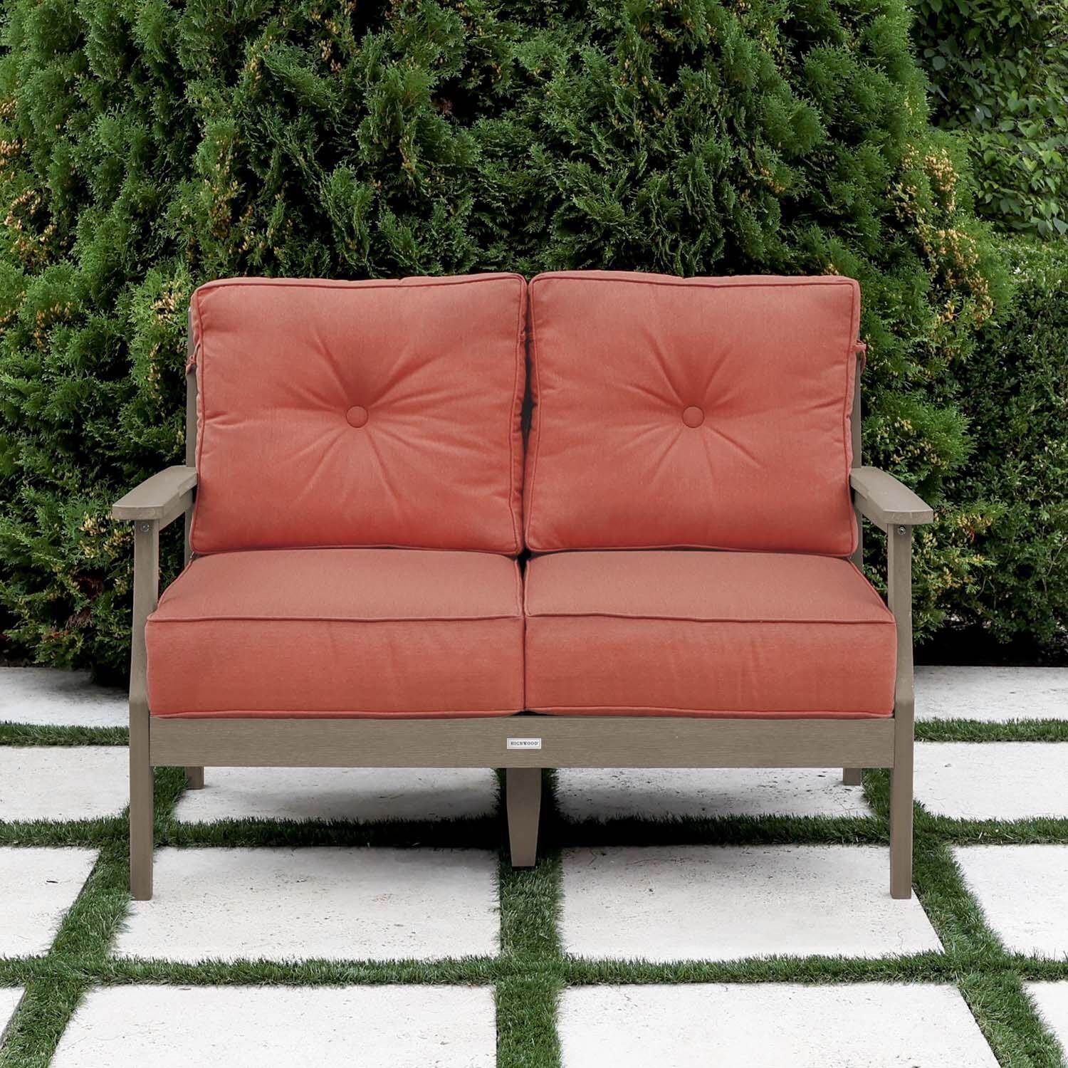 Blushing Bay 2 Person Recycled Plastic Loveseat in Canvas Persimmon/Woodland Brown by Lakeview Outdoor Designs - Lifestyle thumbnail