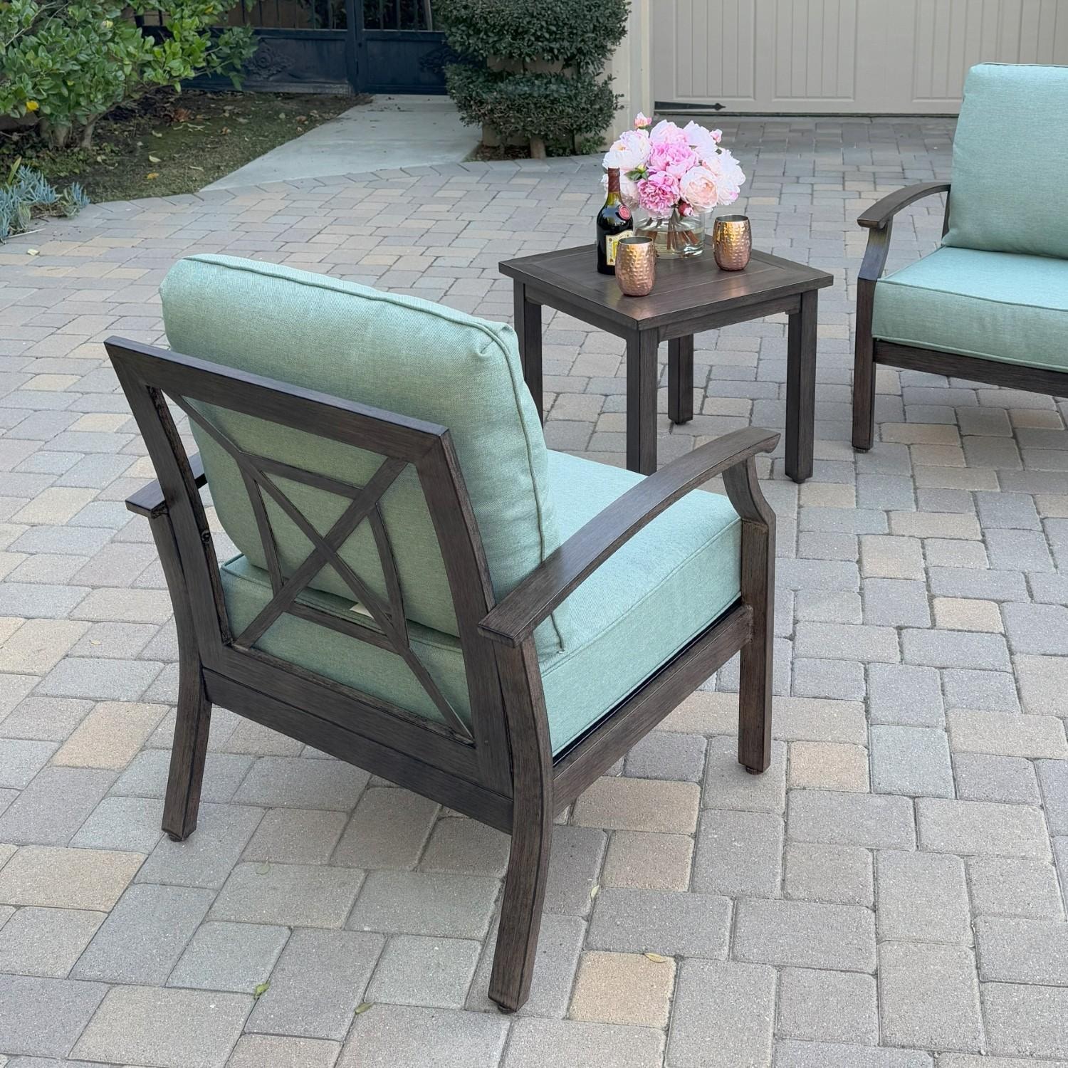 Atlantis 5 Pc Aluminum Seating Set w/ 2 Club Chairs & 2 Ottomans in Walnut/Spa by Darlee - Chair Rear - Lifestyle thumbnail