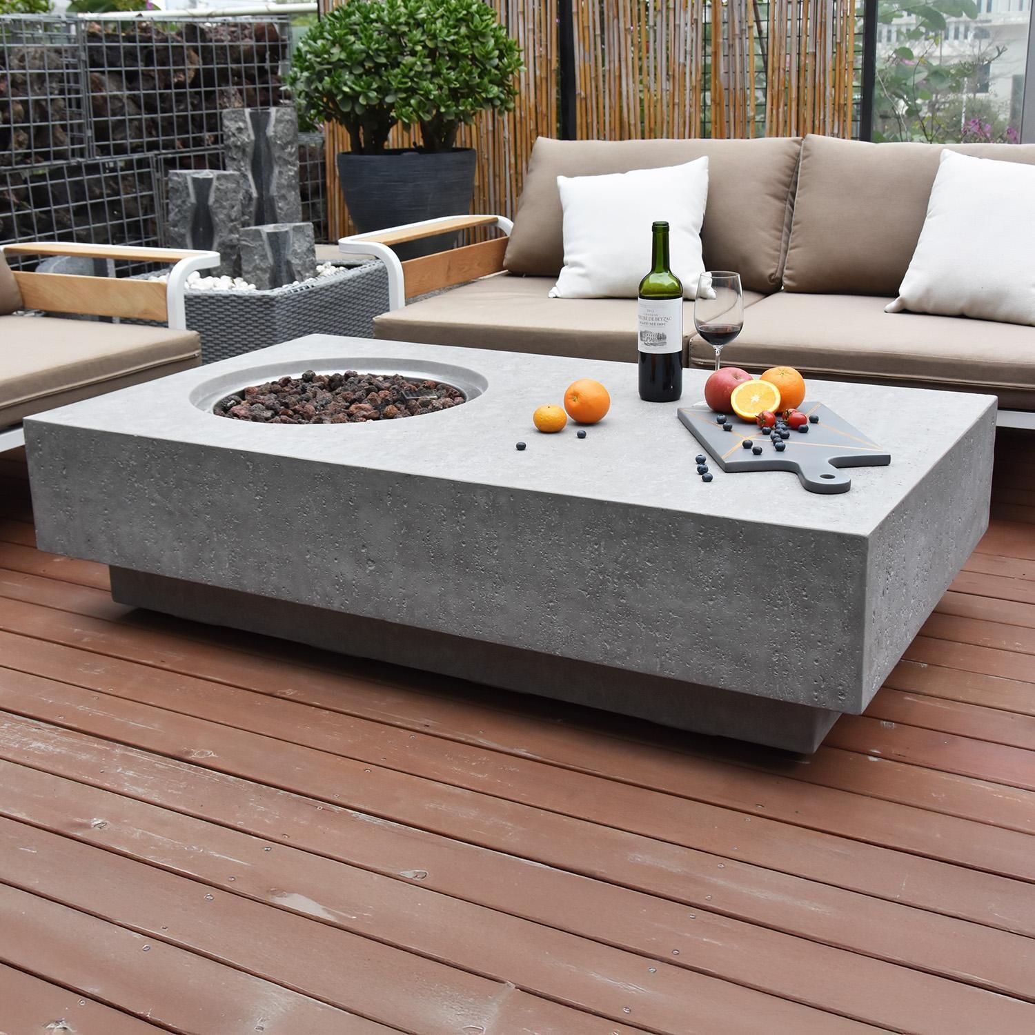 Elementi Metropolis 56-in Rectangle Propane Fire Pit Table - Light Gray - Not On - Lifestyle thumbnail