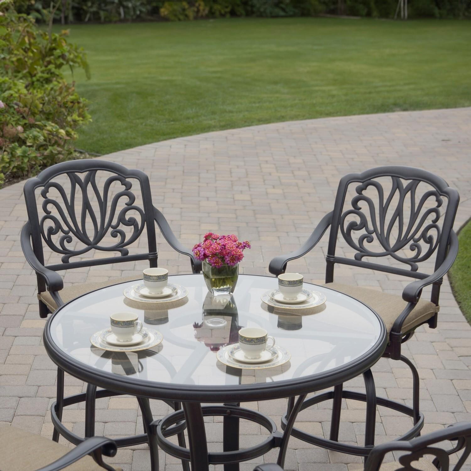 Elisabeth 2 Pc Cast Aluminum Bar Height Bar Stool Set in Sesame/Antique Bronze by Darlee - Shown at Table (Not Included) - Lifestyle thumbnail