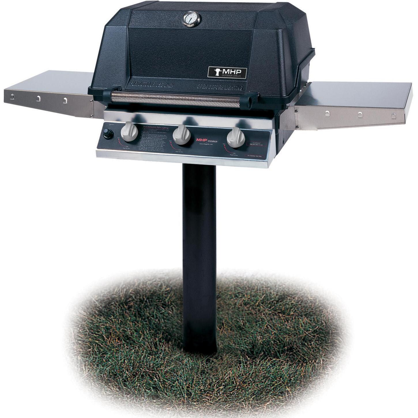MHP Tri-Burn W3G4DD Freestanding Gas Grill With SearMagic Grids On In-Ground Post thumbnail