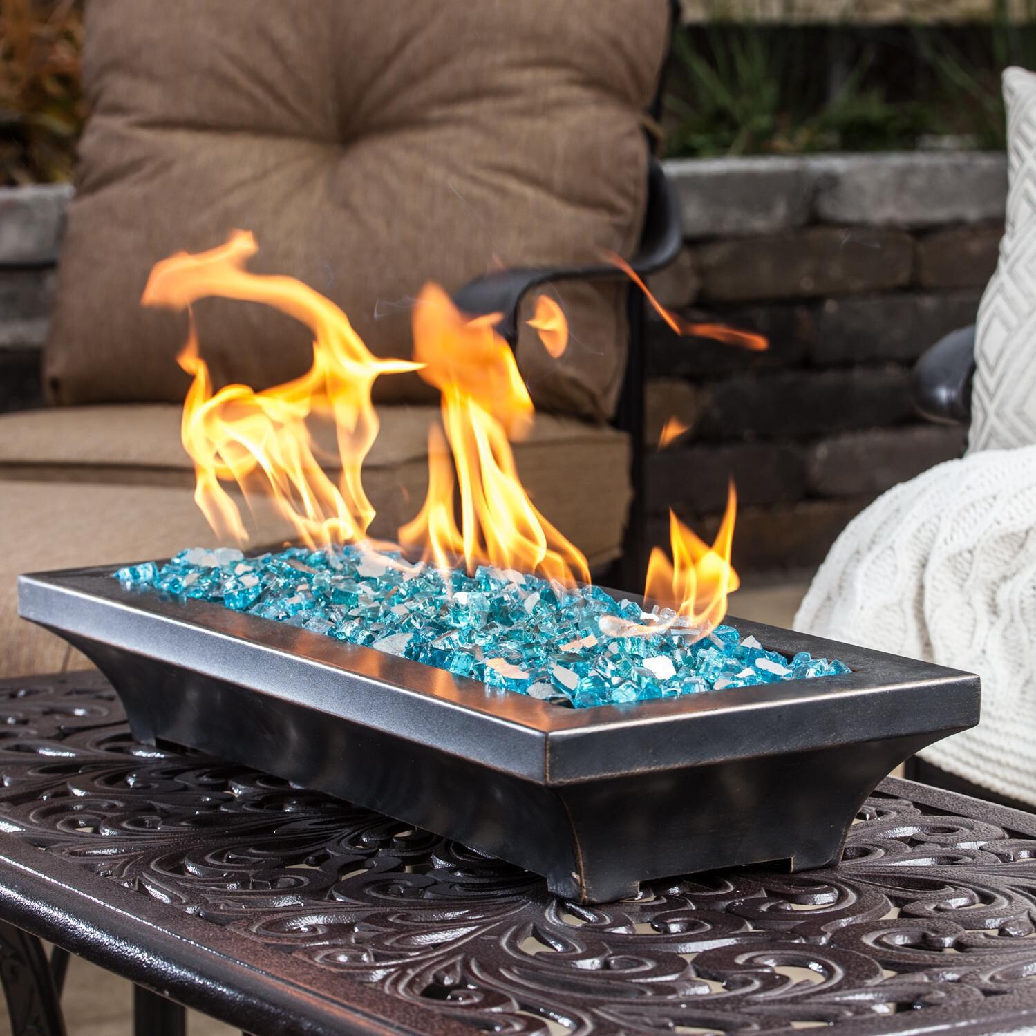 BBQGuys Signature Series Lavelle 18-Inch Table-Top Propane Fire Pit - Oil Rubbed Bronze - In Use - Shown with 1/2 inch Caribbean Blue Reflective Fire Glass (Sold Separately) thumbnail