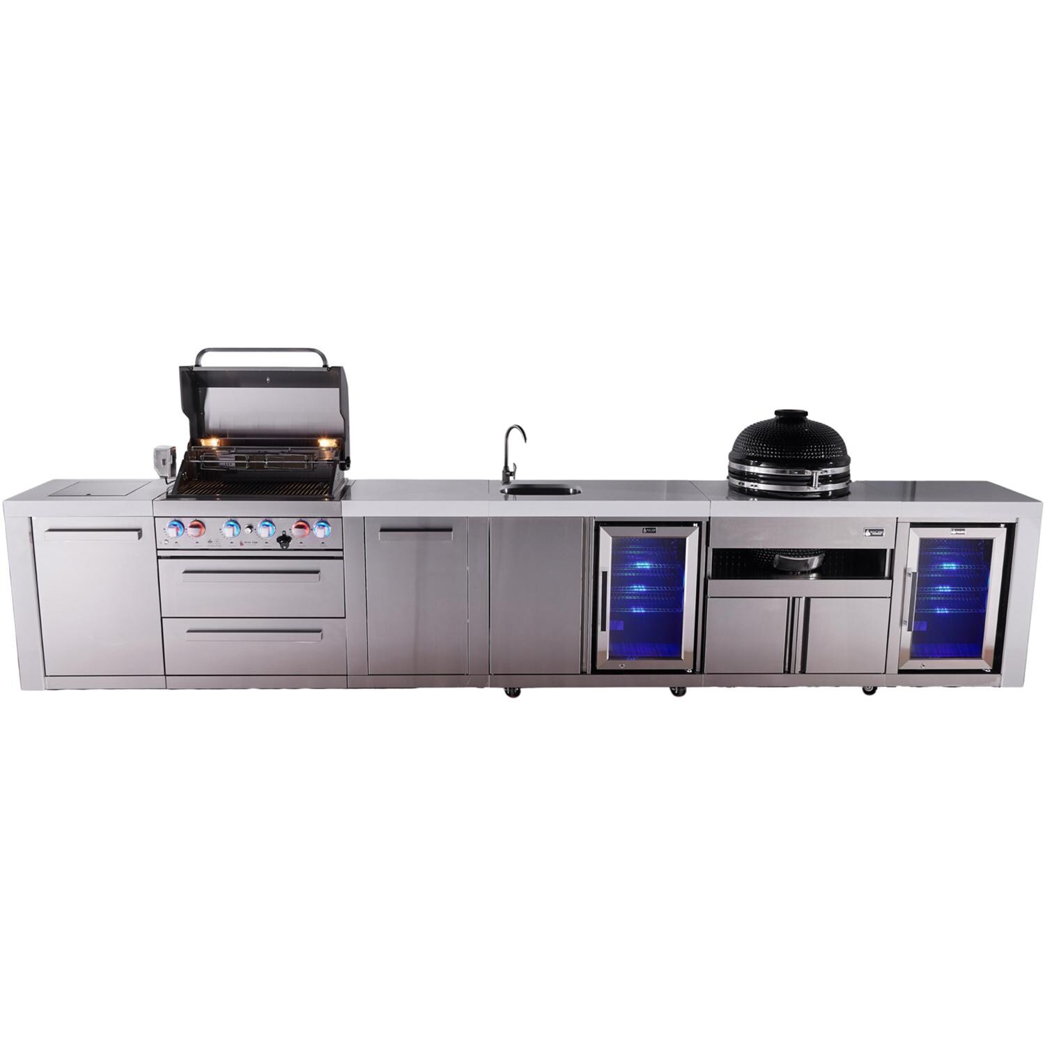 Mont Alpi Deluxe Series 15 1/2 Ft Natural Gas Outdoor Kitchen Island w/ 32-in Grill, Side Burner, Beverage Center, Fridge, Kamado Module & Extra Door (Ships Propane w/ Conversion Kit) - Grill Open - White Background thumbnail