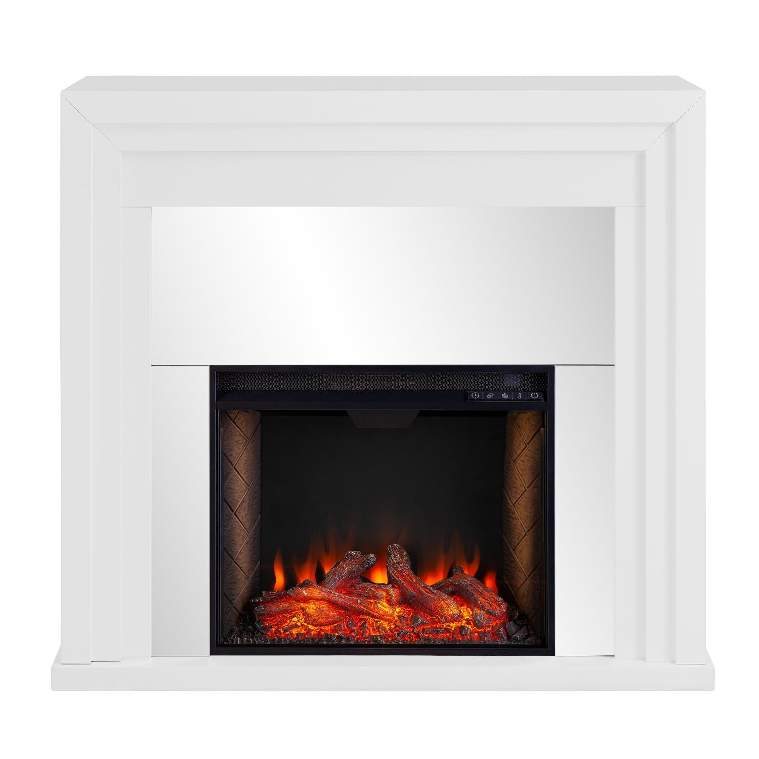 Southern Enterprises FS1009659 Stadderly 44-Inch Electric Fireplace W/ Alexa-Enabled Firebox - White W/ Mirrored Surround - Front View thumbnail