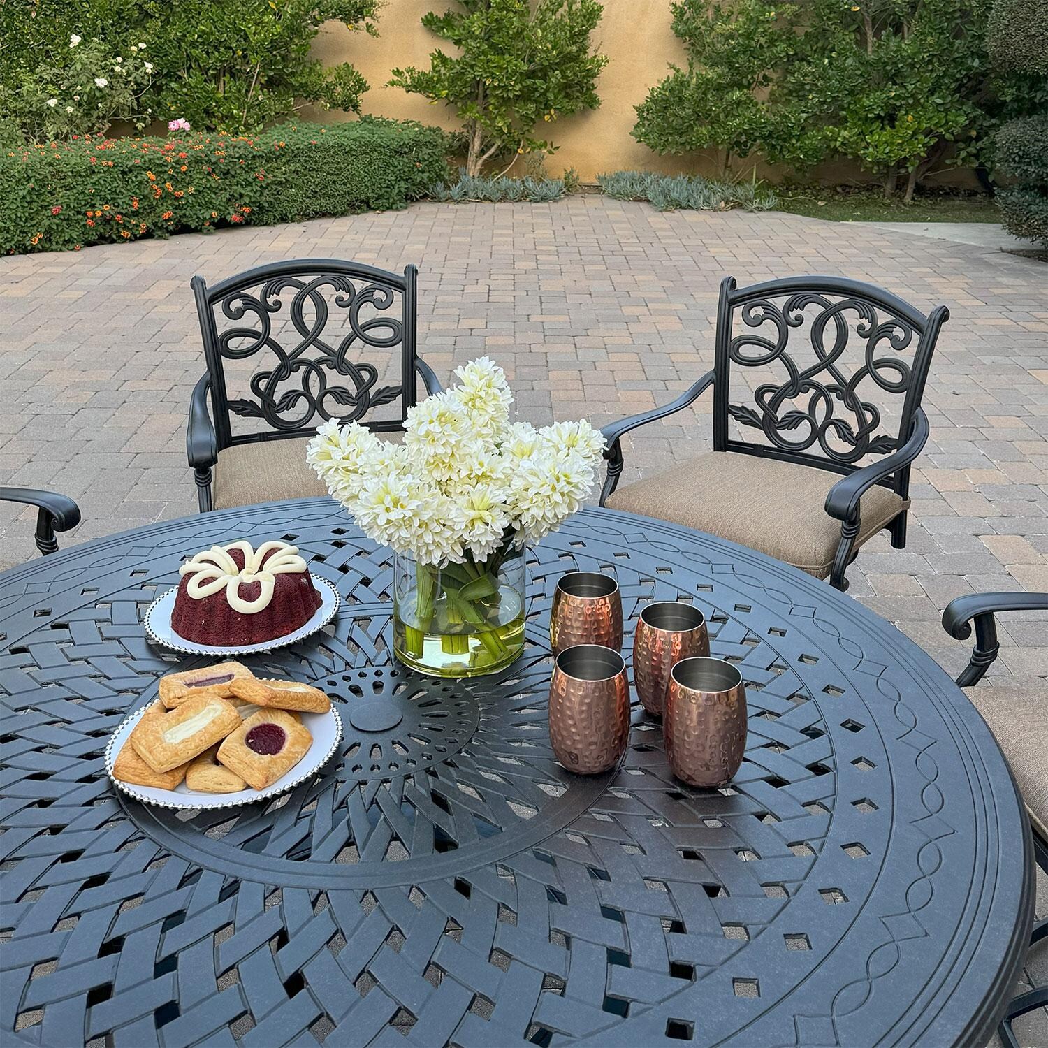 Darlee Cast Aluminum 60-in Round Dining Table - W/ Dining Set - Close Up - Lifestyle thumbnail