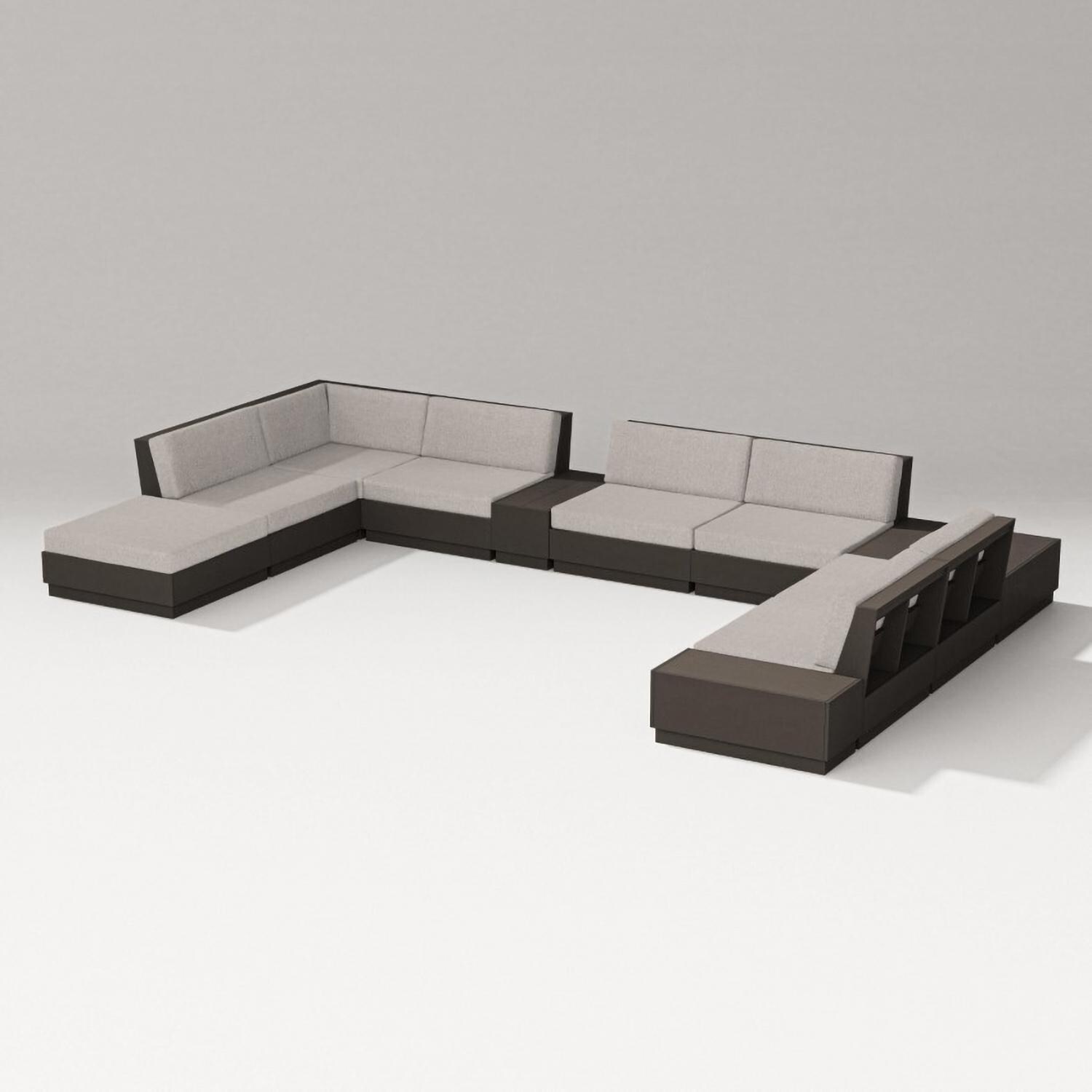 Elevate 11 Pc Recycled Plastic Sectional Seating Set in Vintage Coffee/Weathered Tweed By PW Designer Series