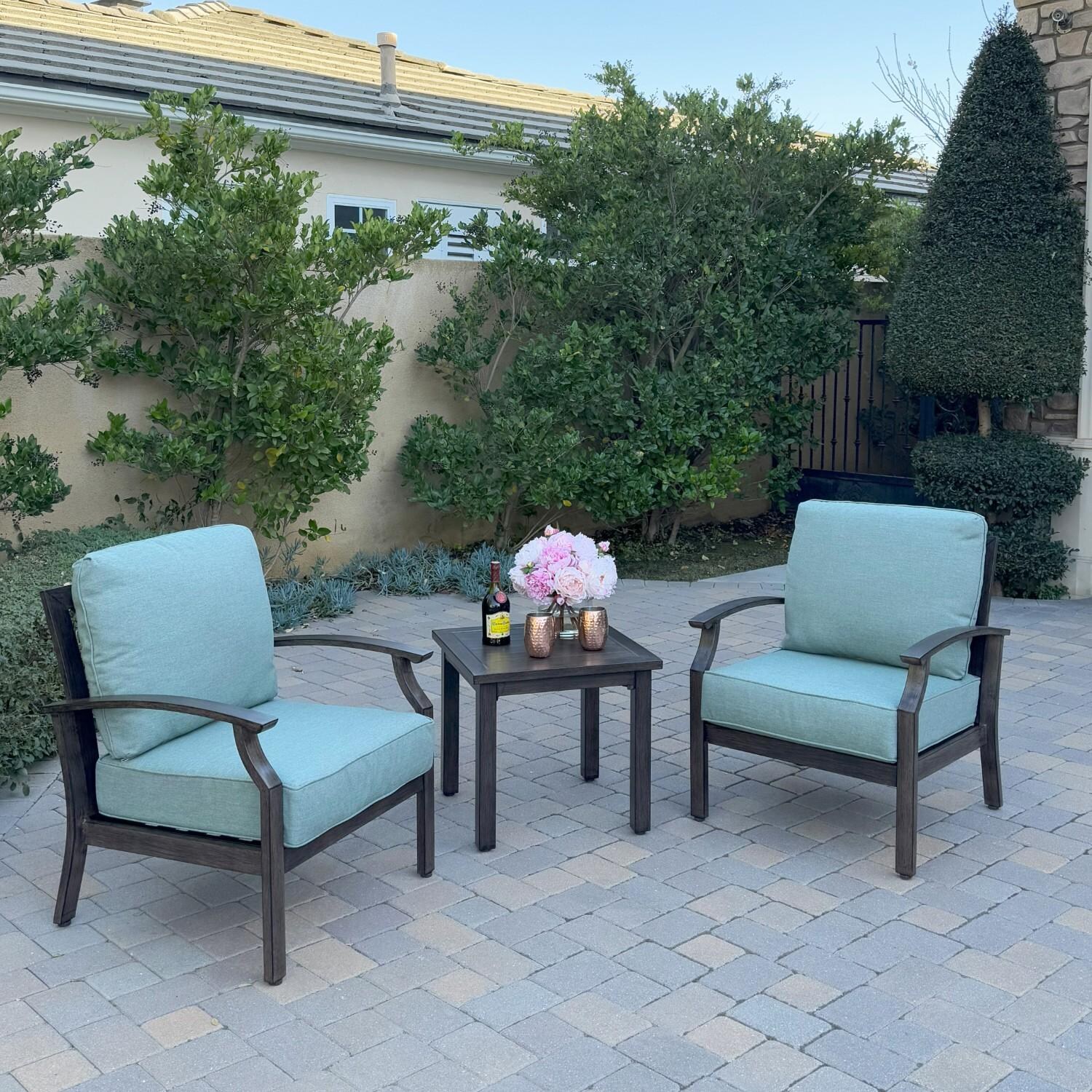 Atlantis 3 Pc Aluminum Seating Set w/ 2 Club Chairs in Walnut/Spa by Darlee - Hero - Lifestyle thumbnail