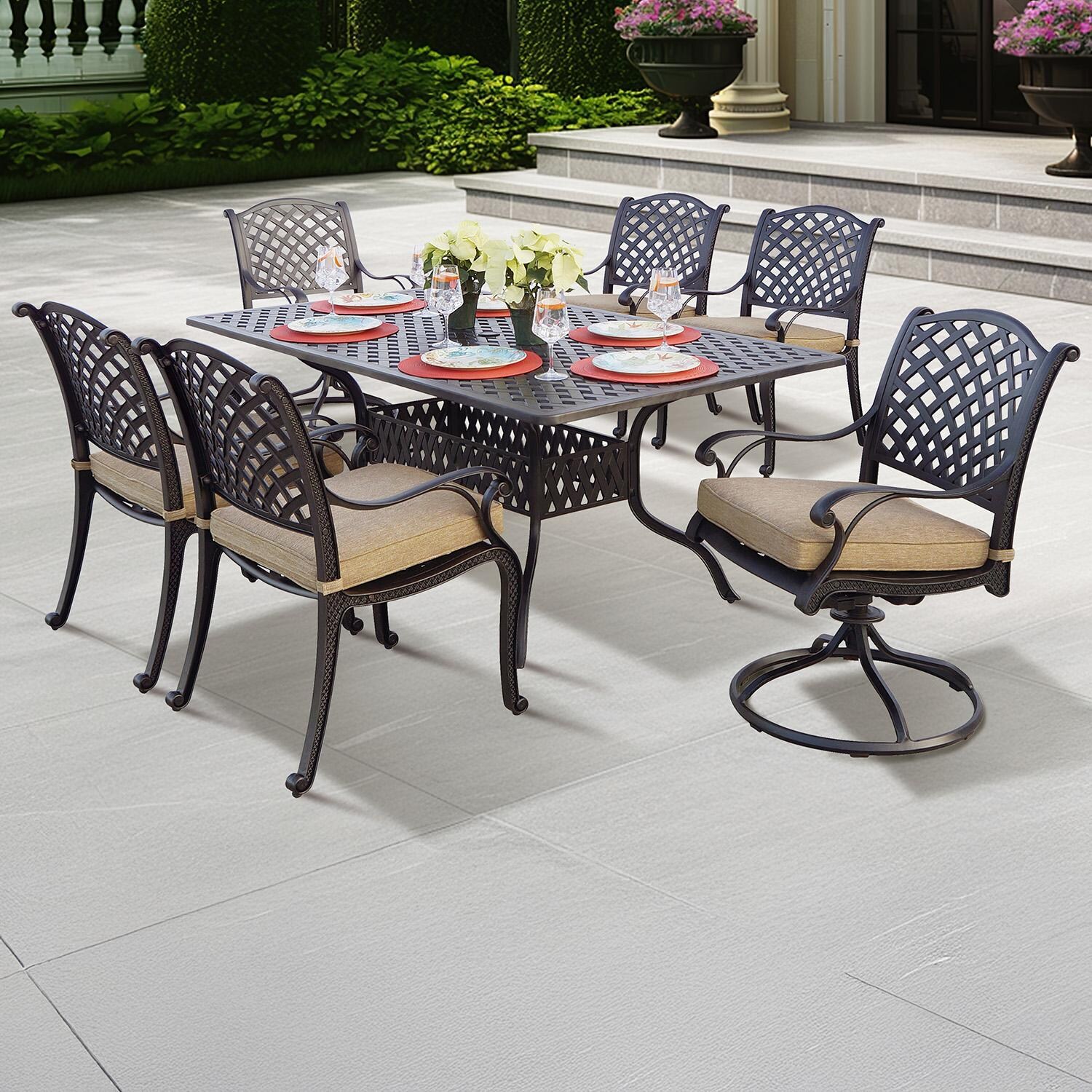 Darlee Nassau 7 Piece Cast Aluminum Patio Dining Set w/ 2 Swivel Rockers - Lifestyle thumbnail