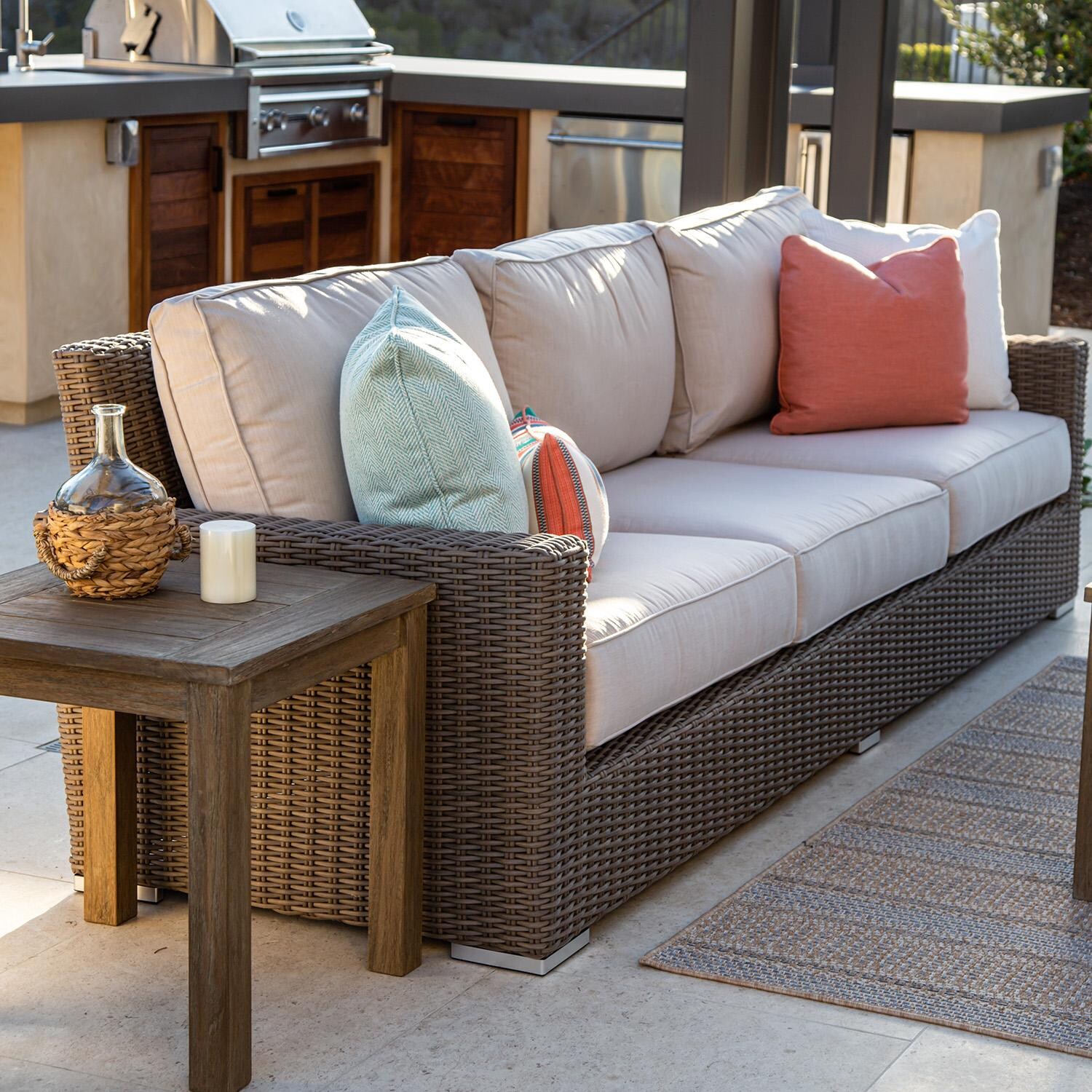 Coronado 3 Person Wicker Sofa in Driftwood/Canvas Henna by Sunset West - Shown in Different Fabric - Lifestyle thumbnail