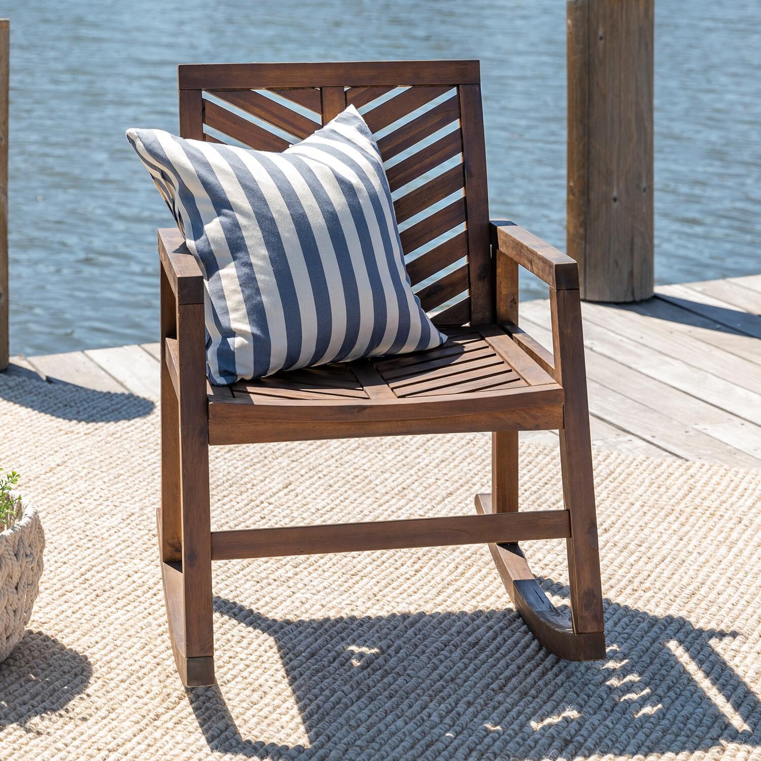 Walker Edison Vincent Acacia Patio Rocking Chair - Dark Brown image