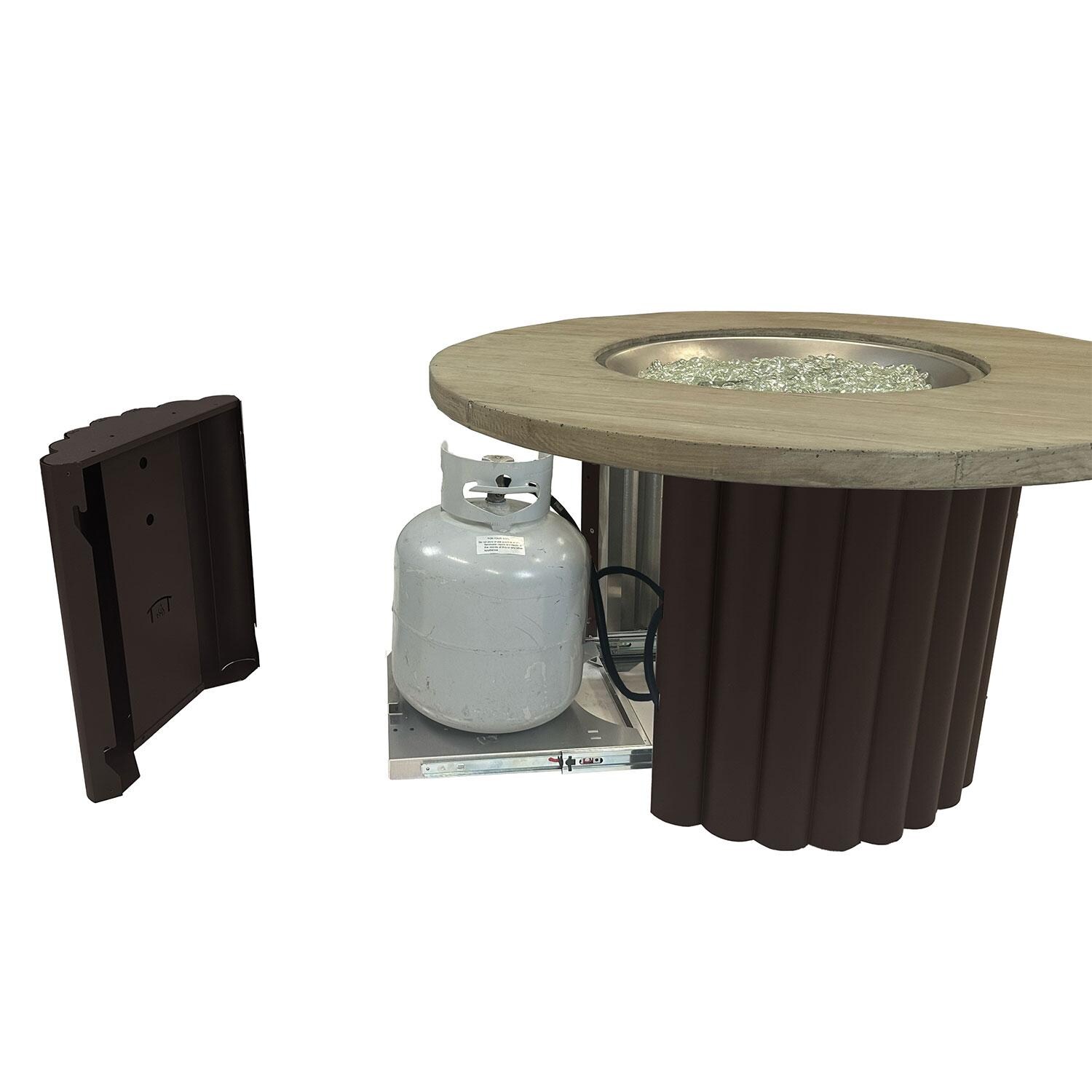 Reverie REVSBR-42-K 42-in Round Aluminum Gas Fire Pit Table w/ Smokey Oak Supercast Top & Brown Base - Tank Drawer - White Background thumbnail