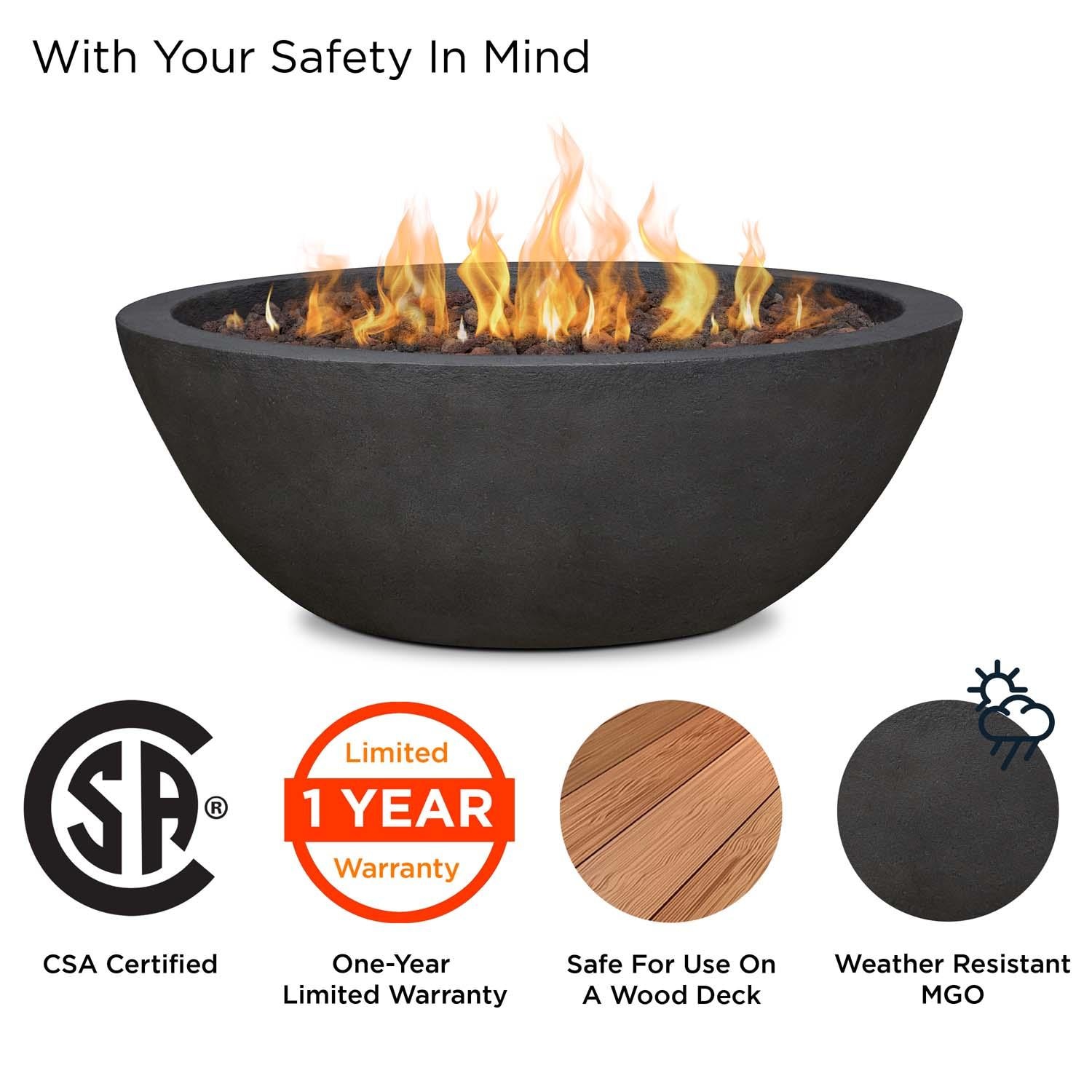 Creekwood 36 Inch Round MGO Propane Fire Bowl in Shale by Lakeview Outdoor Designs - Safety thumbnail