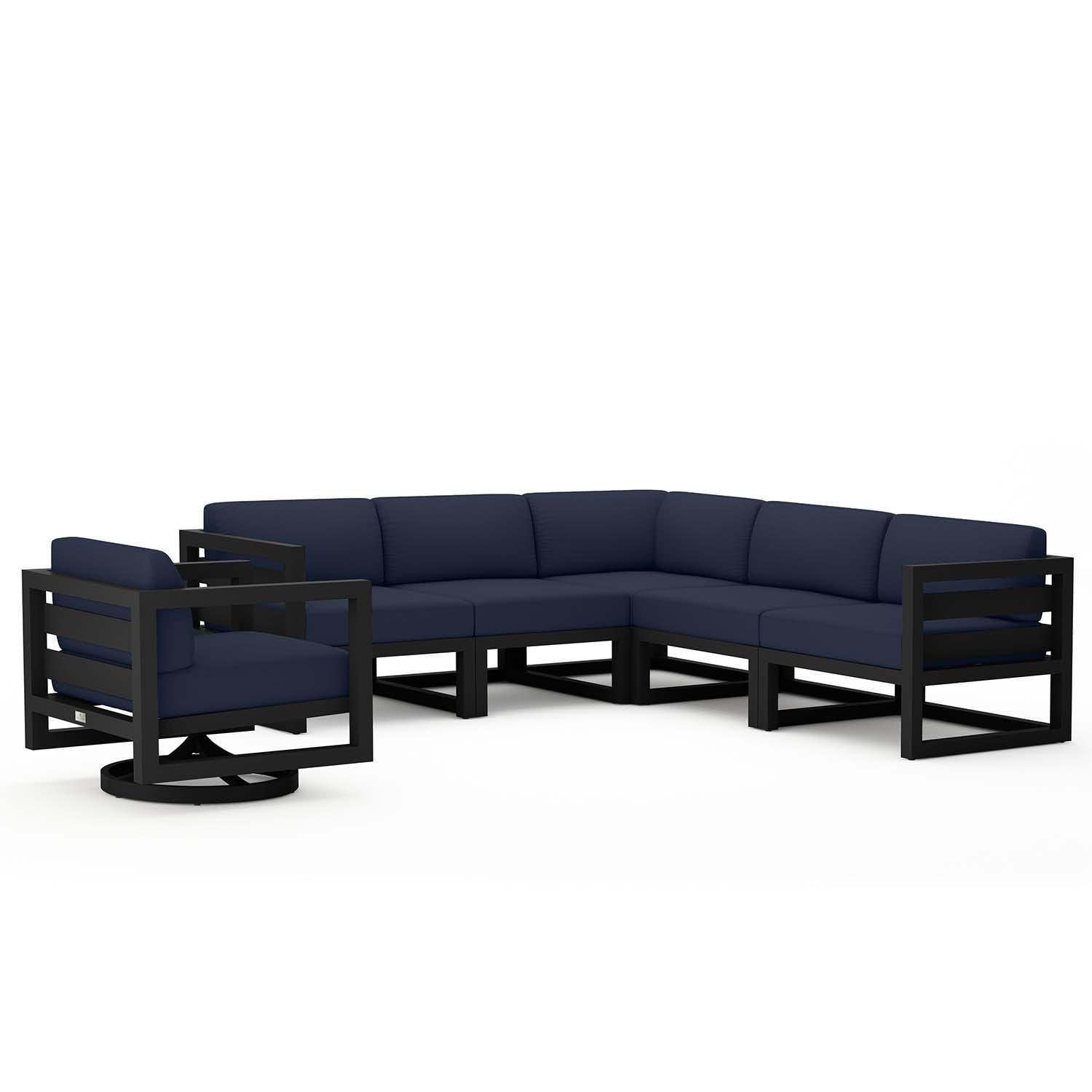Misty Cove 6 Pc Aluminum Sectional Seating Set w/ Swivel Chairs in Black/Spectrum Indigo by Lakeview Outdoor Designs - Angled - White Background thumbnail