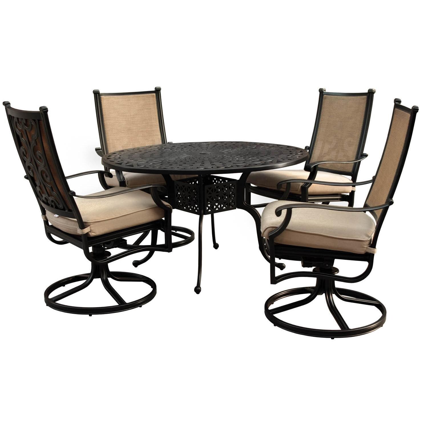 Bocage 5 Piece Cast Aluminum Sling Patio Dining Set W/ 48-Inch Round Table, Swivel Rockers & Sunbrella Heather Beige Cushions thumbnail
