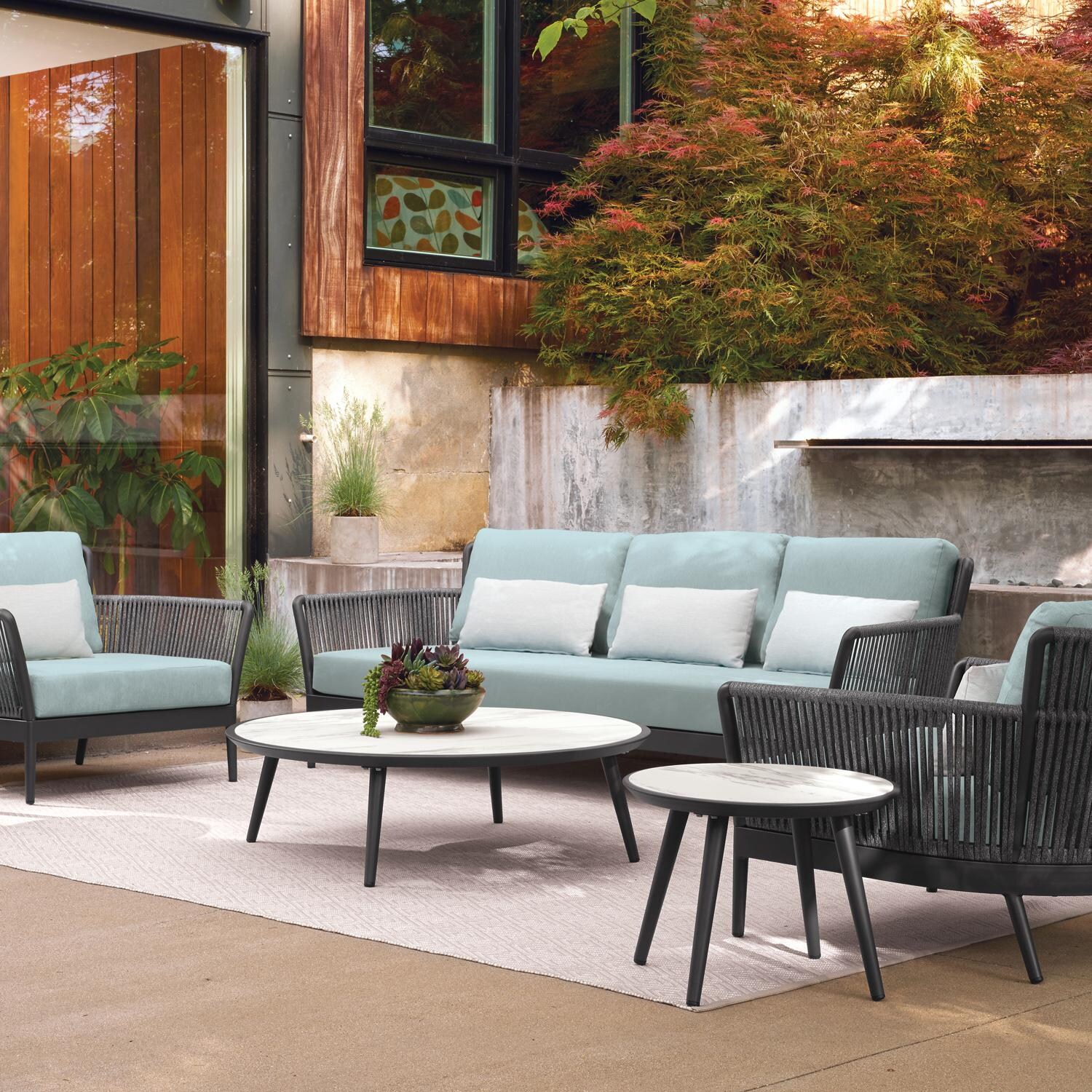 Oxford Garden Nette 3 Person Olefin Rope & Aluminum Sofa W/ Salt Lumbar Pillow in Carbon/Seafoam - Patio thumbnail