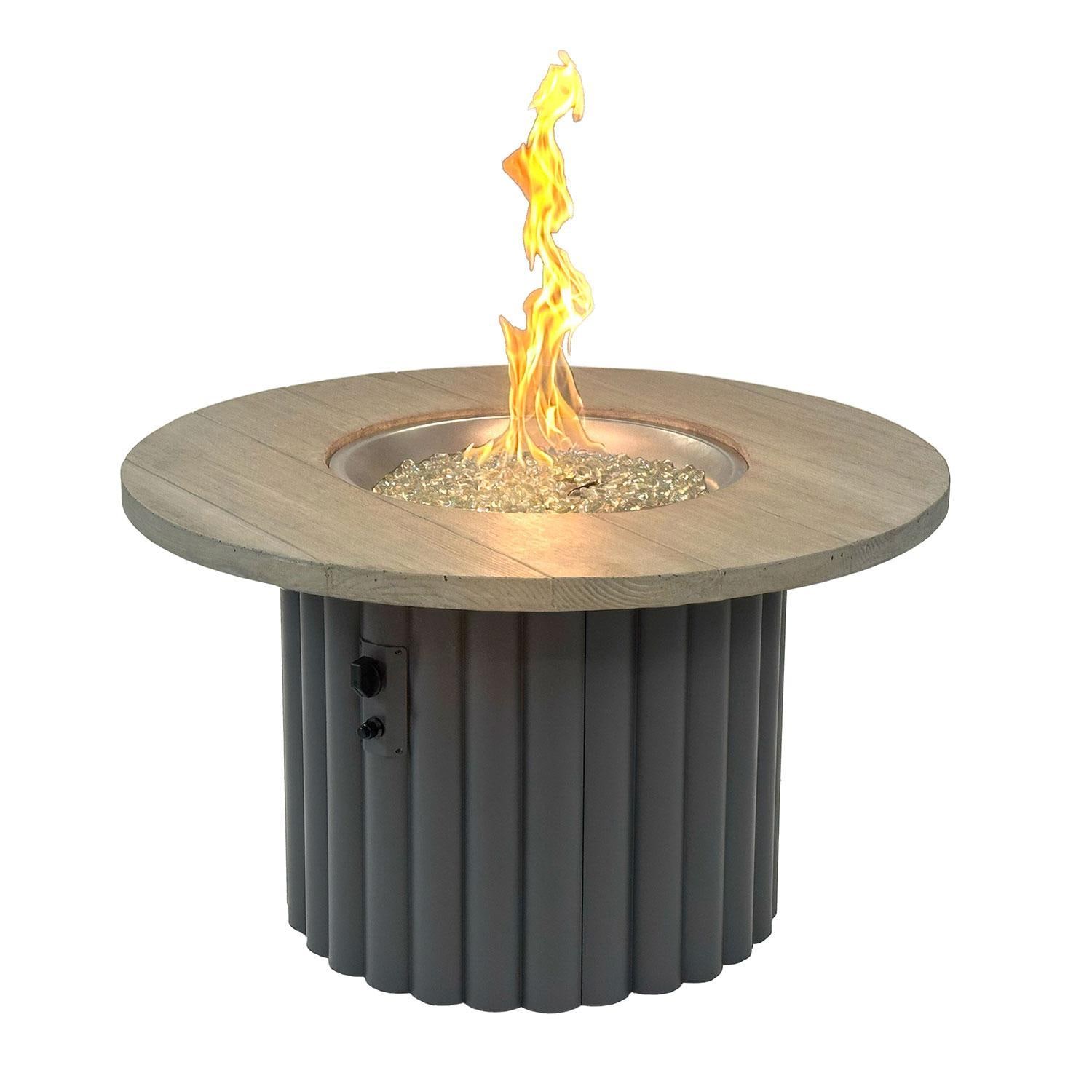 Reverie REVSCH-42-K 42-in Round Aluminum Gas Fire Pit Table w/ Smokey Oak Supercast Top & Charcoal Base - Flame On - White Background thumbnail