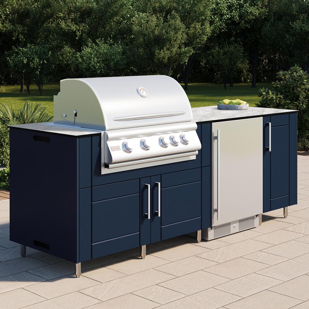 WeatherStrong Bimini 7 1/2 Ft Outdoor Kitchen Island w/ Lynx Propane Grill & Refrigerator in Sapphire Blue/Glacier Frost - On Patio - Lifestyle thumbnail