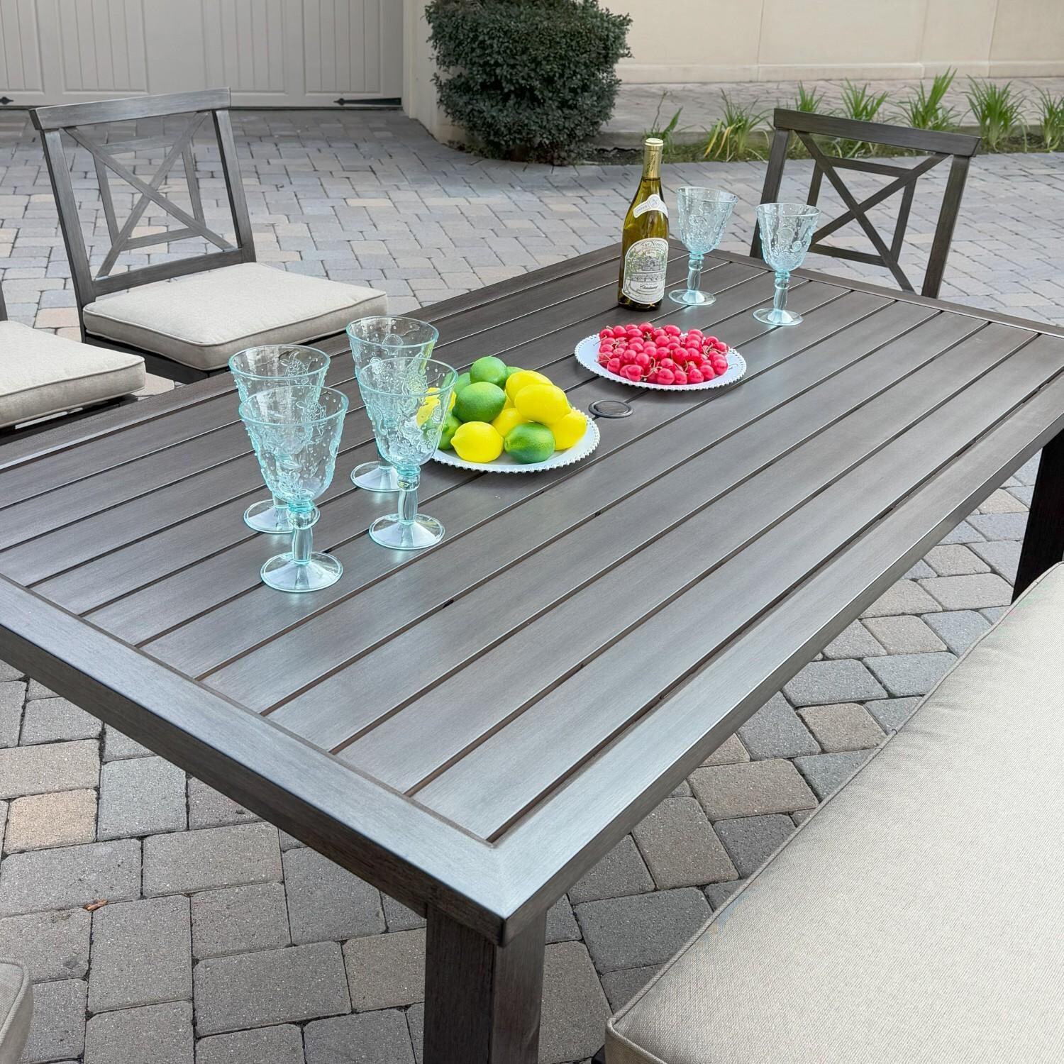 Atlantis 6 Pc Aluminum Dining Set w/ 4 Dining Side Chairs & Two Person Bench in Walnut/Beige by Darlee - Angled Table - Lifestyle thumbnail