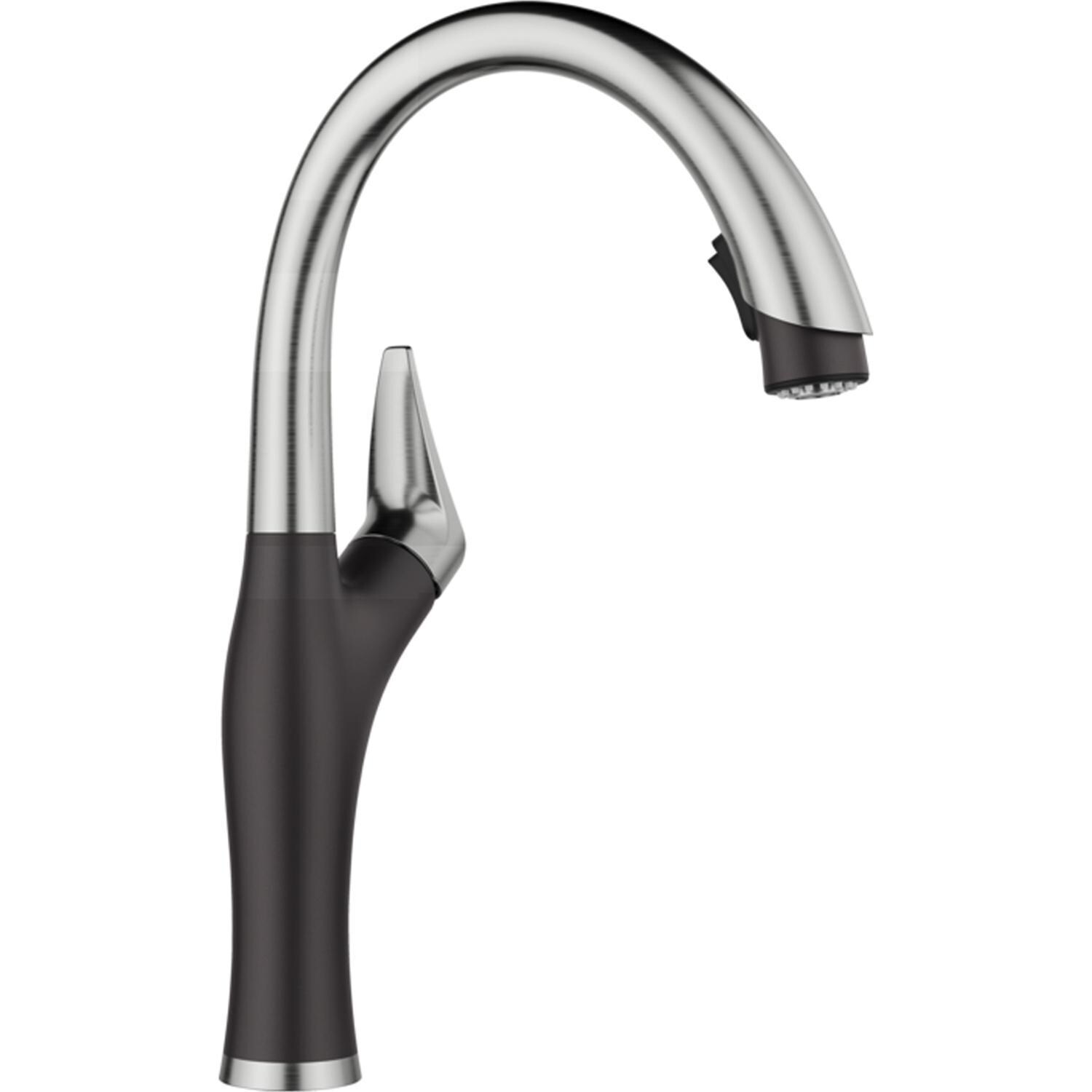 Blanco 442915 + 526401 + 240327 Diamond Silgranit 15 X 15 Drop-in/Undermount Bar Sink (Coal Black)w/ Blanco - Artona Pull-Down Dual Spray (Coal Black) and Matching Strainer - Faucet - White Background thumbnail