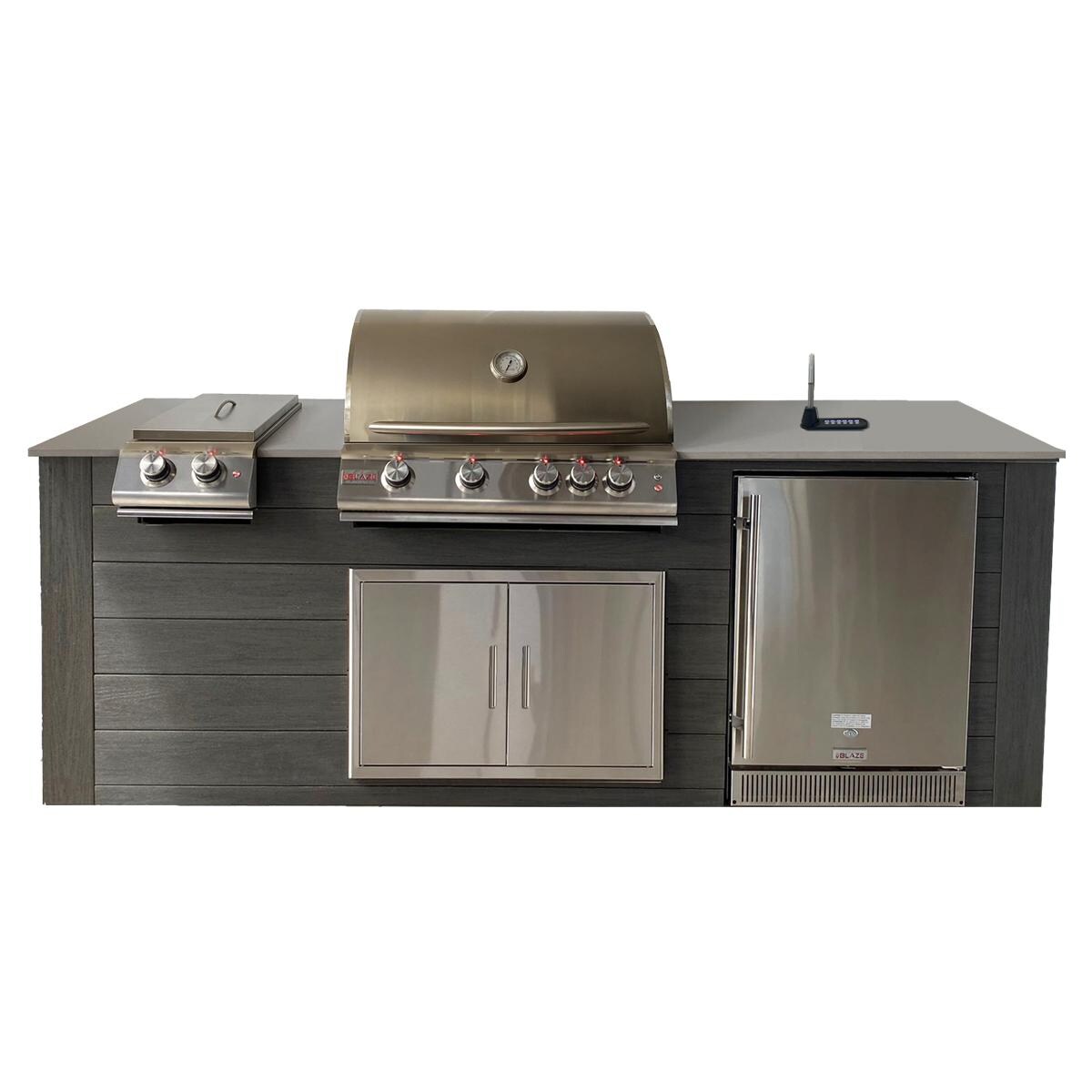 Pro-Fit 8-Foot Outdoor Kitchen Island W/ Blaze LTE 32-Inch Propane Gas Grill, Double Side Burner, Refrigerator & Beverage Dispenser - Onyx / Grigio Cemento Satin