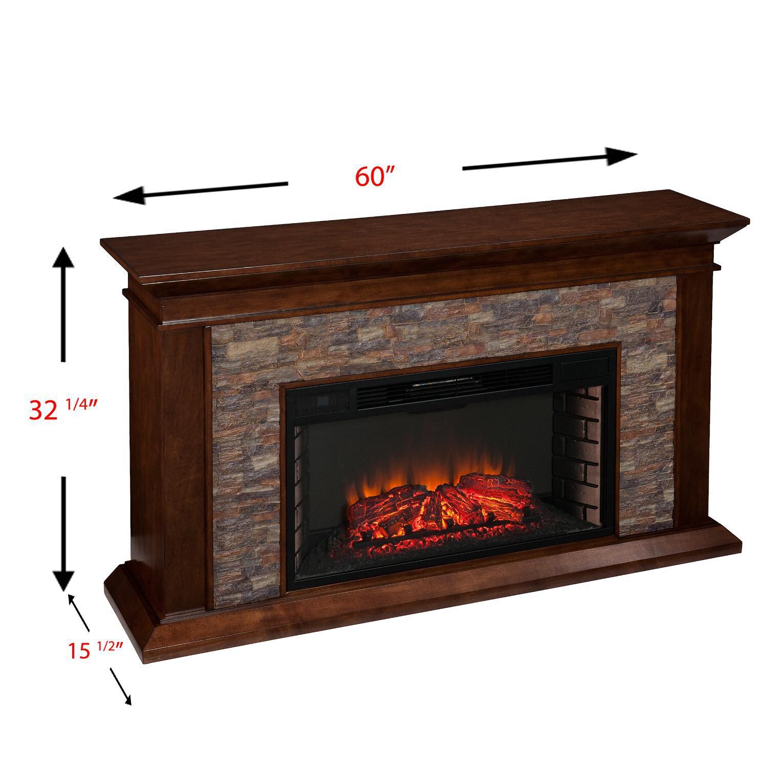 Southern Enterprises Canyon Heights 60-Inch Electric Fireplace Mantel - Whiskey Maple W/ Durango Faux Stone - FE9023 - Measurements thumbnail