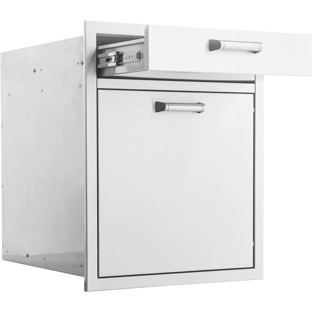 BBQGuys Signature 20-Inch Stainless Steel Single Drawer With Roll-Out Trash & Recycling Bin Combo - Drawer Open - White Background thumbnail